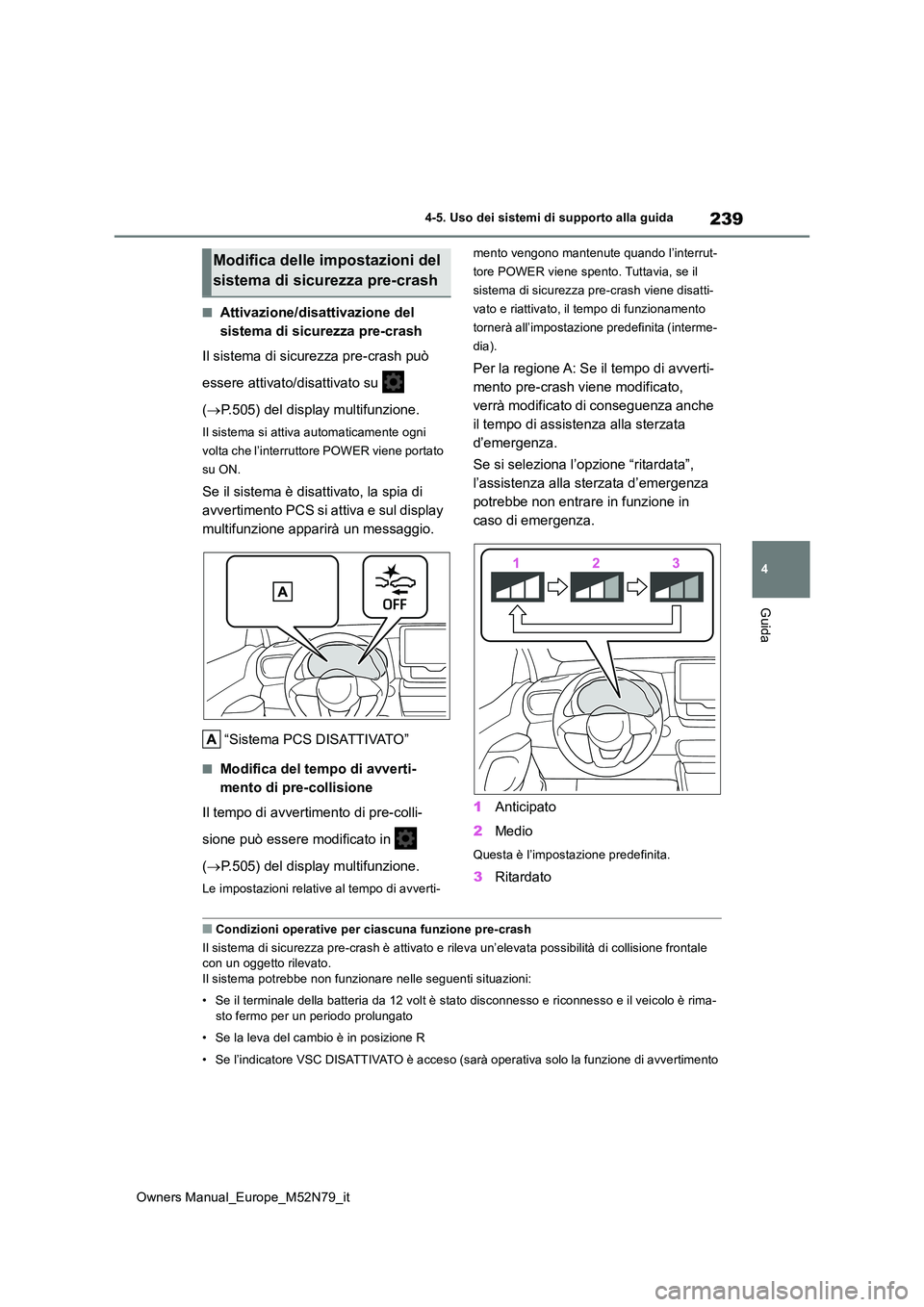 TOYOTA YARIS CROSS 2023 Manuale duso (in Italian) 239
4
Owners Manual_Europe_M52N79_it
4-5. Uso dei sistemi di supporto alla guida
Guida
■Attivazione/disattivazione del
sistema di sicurezza pre-crash
Il sistema di sicurezza pre-crash può
esse TOYOTA YARIS CROSS 2023 Manuale duso (in Italian) 239
4
Owners Manual_Europe_M52N79_it
4-5. Uso dei sistemi di supporto alla guida
Guida
■Attivazione/disattivazione del
sistema di sicurezza pre-crash
Il sistema di sicurezza pre-crash può
esse
