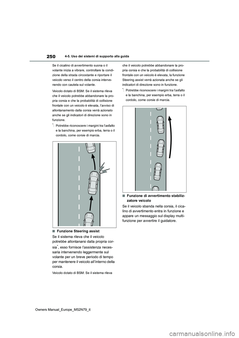 TOYOTA YARIS CROSS 2023 Manuale duso (in Italian) 250
Owners Manual_Europe_M52N79_it
4-5. Uso dei sistemi di supporto alla guida
Se il cicalino di avvertimento suona o il
volante inizia a vibrare, controllare la condi-
zione della strada circostan TOYOTA YARIS CROSS 2023 Manuale duso (in Italian) 250
Owners Manual_Europe_M52N79_it
4-5. Uso dei sistemi di supporto alla guida
Se il cicalino di avvertimento suona o il
volante inizia a vibrare, controllare la condi-
zione della strada circostan