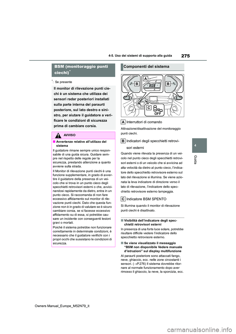 TOYOTA YARIS CROSS 2023 Manuale duso (in Italian) 275
4
Owners Manual_Europe_M52N79_it
4-5. Uso dei sistemi di supporto alla guida
Guida
*: Se presente
Interruttori di comando
Attivazione/disattivazione del monitoraggio
punti ciechi.
Indicatori deg TOYOTA YARIS CROSS 2023 Manuale duso (in Italian) 275
4
Owners Manual_Europe_M52N79_it
4-5. Uso dei sistemi di supporto alla guida
Guida
*: Se presente
Interruttori di comando
Attivazione/disattivazione del monitoraggio
punti ciechi.
Indicatori deg