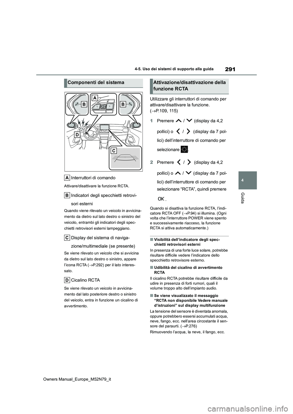 TOYOTA YARIS CROSS 2023 Manuale duso (in Italian) 291
4
Owners Manual_Europe_M52N79_it
4-5. Uso dei sistemi di supporto alla guida
Guida
Interruttori di comando
Attivare/disattivare la funzione RCTA.
Indicatori degli specchietti retrovi-
sori estern TOYOTA YARIS CROSS 2023 Manuale duso (in Italian) 291
4
Owners Manual_Europe_M52N79_it
4-5. Uso dei sistemi di supporto alla guida
Guida
Interruttori di comando
Attivare/disattivare la funzione RCTA.
Indicatori degli specchietti retrovi-
sori estern