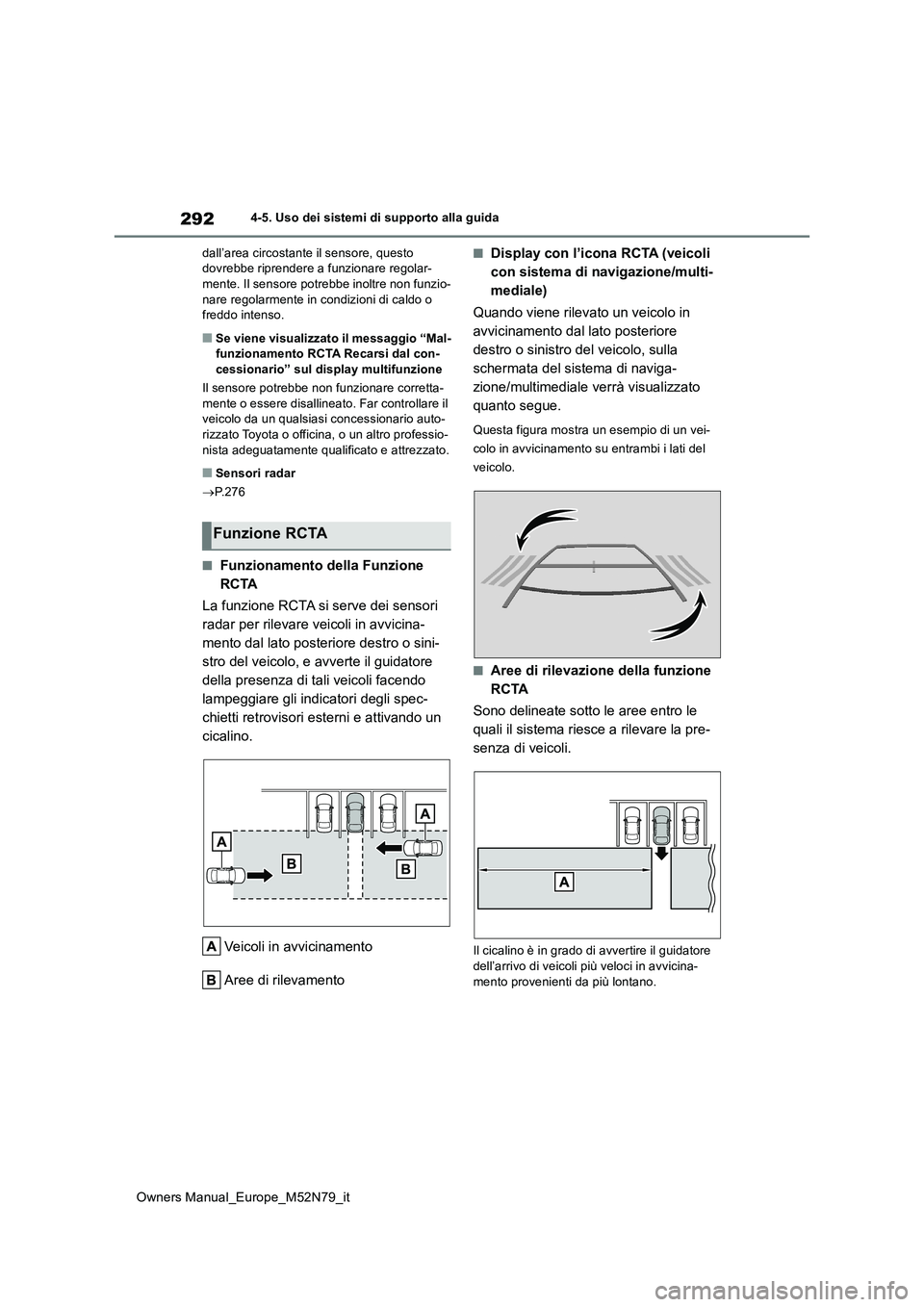 TOYOTA YARIS CROSS 2023 Manuale duso (in Italian) 292
Owners Manual_Europe_M52N79_it
4-5. Uso dei sistemi di supporto alla guida
dall’area circostante il sensore, questo dovrebbe riprendere a f unzionare regolar- mente. Il sensore potrebbe inoltr TOYOTA YARIS CROSS 2023 Manuale duso (in Italian) 292
Owners Manual_Europe_M52N79_it
4-5. Uso dei sistemi di supporto alla guida
dall’area circostante il sensore, questo dovrebbe riprendere a f unzionare regolar- mente. Il sensore potrebbe inoltr