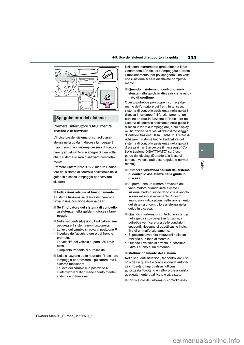TOYOTA YARIS CROSS 2023 Manuale duso (in Italian) 333
4
Owners Manual_Europe_M52N79_it
4-5. Uso dei sistemi di supporto alla guida
Guida
Premere l’interruttore “DAC” mentre il
sistema è in funzione.
L’indicatore del sistema di controllo as TOYOTA YARIS CROSS 2023 Manuale duso (in Italian) 333
4
Owners Manual_Europe_M52N79_it
4-5. Uso dei sistemi di supporto alla guida
Guida
Premere l’interruttore “DAC” mentre il
sistema è in funzione.
L’indicatore del sistema di controllo as