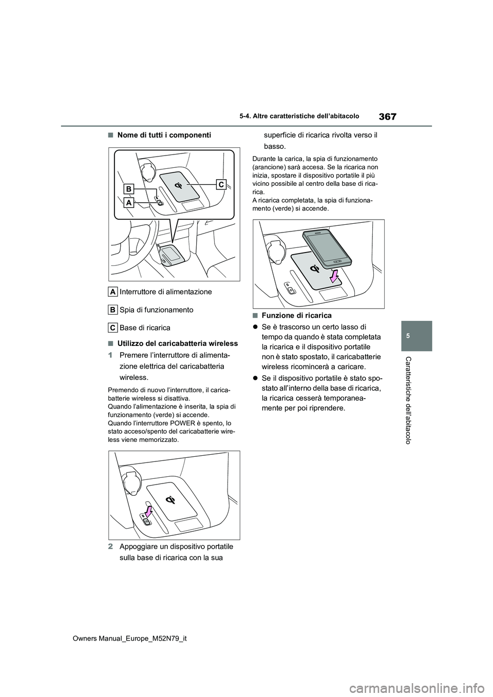 TOYOTA YARIS CROSS 2023 Manuale duso (in Italian) 367
5
Owners Manual_Europe_M52N79_it
5-4. Altre caratteristiche dell’abitacolo
Caratteristiche dell’abitacolo
■Nome di tutti i componenti
Interruttore di alimentazione
Spia di funzionamento
Ba TOYOTA YARIS CROSS 2023 Manuale duso (in Italian) 367
5
Owners Manual_Europe_M52N79_it
5-4. Altre caratteristiche dell’abitacolo
Caratteristiche dell’abitacolo
■Nome di tutti i componenti
Interruttore di alimentazione
Spia di funzionamento
Ba