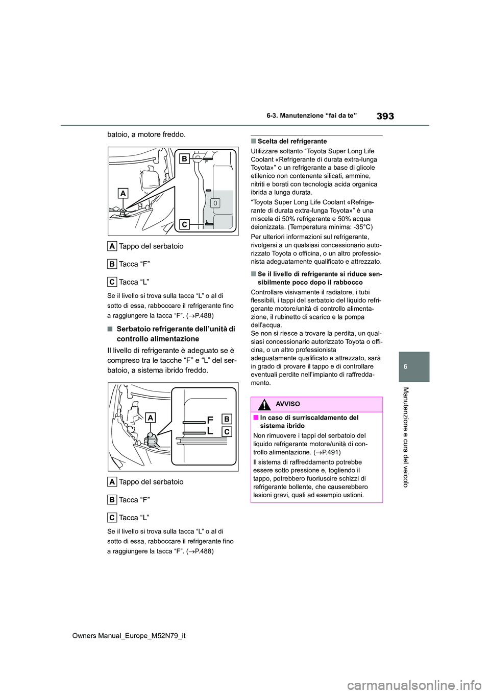 TOYOTA YARIS CROSS 2023 Manuale duso (in Italian) 393
6
Owners Manual_Europe_M52N79_it
6-3. Manutenzione “fai da te”
Manutenzione e cura del veicolo
batoio, a motore freddo.
Tappo del serbatoio
Ta c c a “ F ”
Ta c c a “ L ”
Se il li TOYOTA YARIS CROSS 2023 Manuale duso (in Italian) 393
6
Owners Manual_Europe_M52N79_it
6-3. Manutenzione “fai da te”
Manutenzione e cura del veicolo
batoio, a motore freddo.
Tappo del serbatoio
Ta c c a “ F ”
Ta c c a “ L ”
Se il li