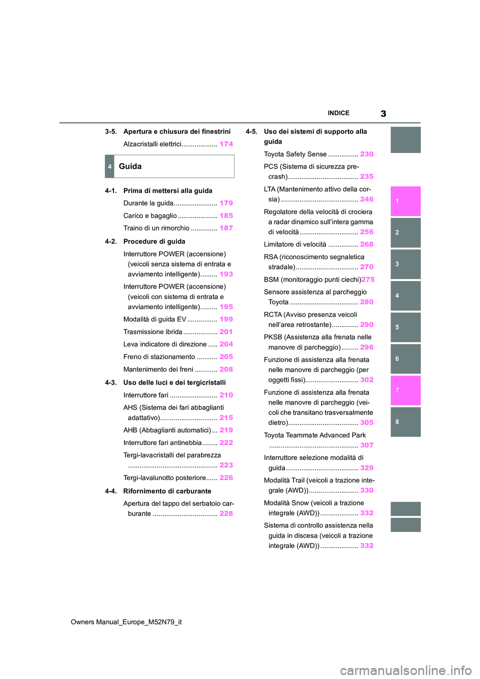 TOYOTA YARIS CROSS 2023  Manuale duso (in Italian) 3
Owners Manual_Europe_M52N79_it
INDICE
1 
6 
5
4
3
2
8
7
3-5. Apertura e chiusura dei finestrini 
Alzacristalli elettrici................... 174 
4-1. Prima di mettersi alla guida 
Durante la guida..
