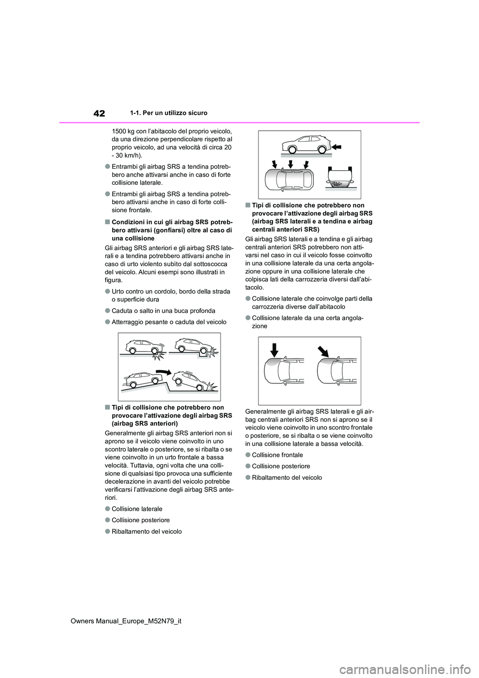TOYOTA YARIS CROSS 2023 Manuale duso (in Italian) 42
Owners Manual_Europe_M52N79_it
1-1. Per un utilizzo sicuro
1500 kg con l’abitacolo del proprio veicolo, da una direzione perpendicolare rispetto al proprio veicolo, ad una velocità di circa 20 TOYOTA YARIS CROSS 2023 Manuale duso (in Italian) 42
Owners Manual_Europe_M52N79_it
1-1. Per un utilizzo sicuro
1500 kg con l’abitacolo del proprio veicolo, da una direzione perpendicolare rispetto al proprio veicolo, ad una velocità di circa 20