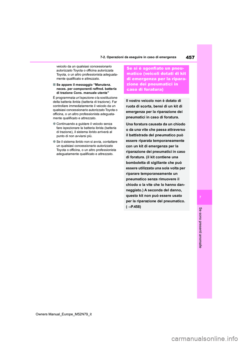 TOYOTA YARIS CROSS 2023  Manuale duso (in Italian) 457
7
Owners Manual_Europe_M52N79_it
7-2. Operazioni da eseguire in caso di emergenza
Se sono presenti anomalie
veicolo da un qualsiasi concessionario  autorizzato Toyota o officina autorizzata Toyota