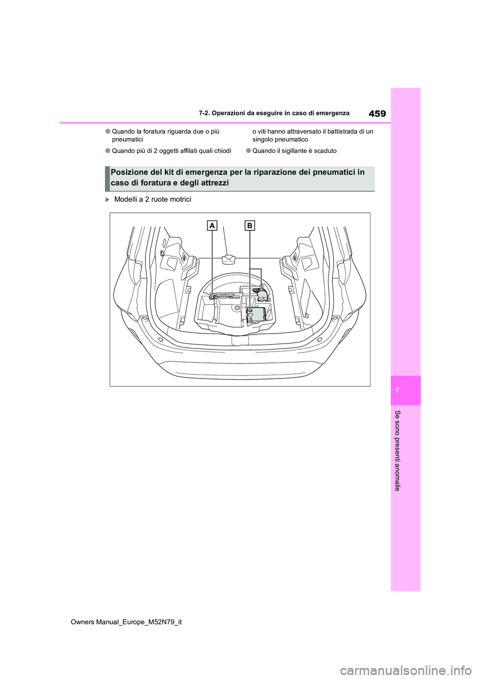 TOYOTA YARIS CROSS 2023  Manuale duso (in Italian) 459
7
Owners Manual_Europe_M52N79_it
7-2. Operazioni da eseguire in caso di emergenza
Se sono presenti anomalie
●Quando la foratura riguarda due o più  pneumatici
●Quando più di 2 oggetti affila