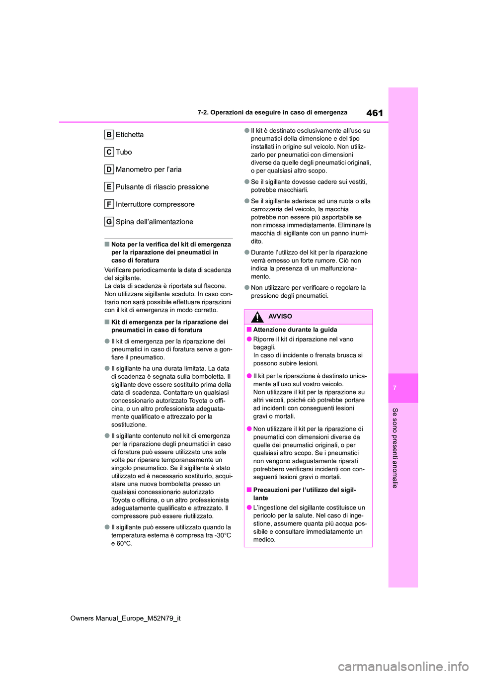 TOYOTA YARIS CROSS 2023  Manuale duso (in Italian) 461
7
Owners Manual_Europe_M52N79_it
7-2. Operazioni da eseguire in caso di emergenza
Se sono presenti anomalie
Etichetta 
Tubo
Manometro per l’aria
Pulsante di rilascio pressione
Interruttore compr