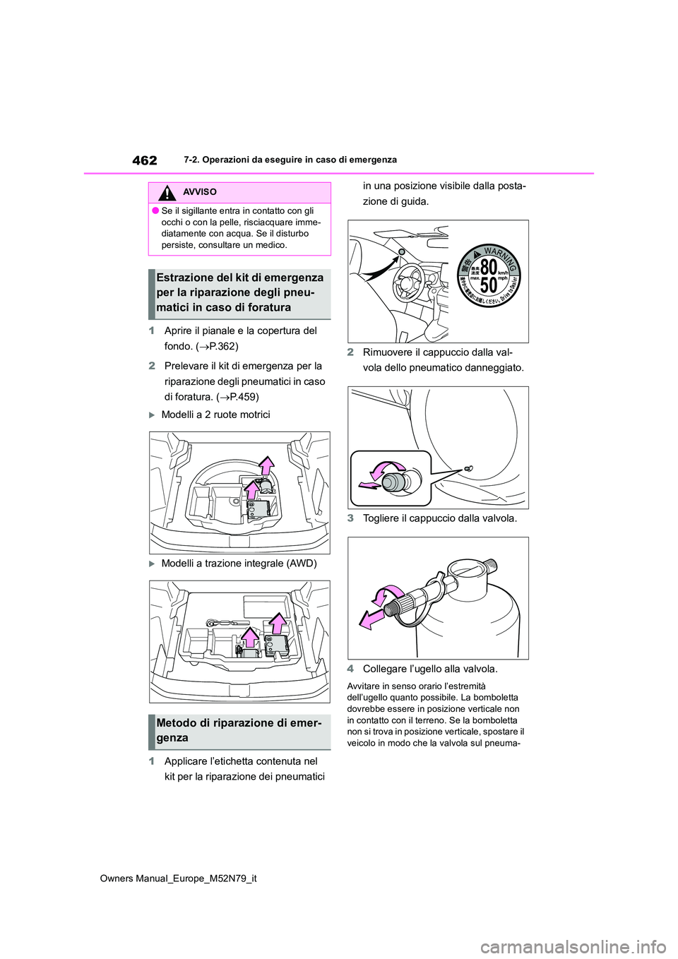 TOYOTA YARIS CROSS 2023  Manuale duso (in Italian) 462
Owners Manual_Europe_M52N79_it
7-2. Operazioni da eseguire in caso di emergenza
1Aprire il pianale e la copertura del  
fondo. ( P.362) 
2 Prelevare il kit di emergenza per la  
riparazione deg