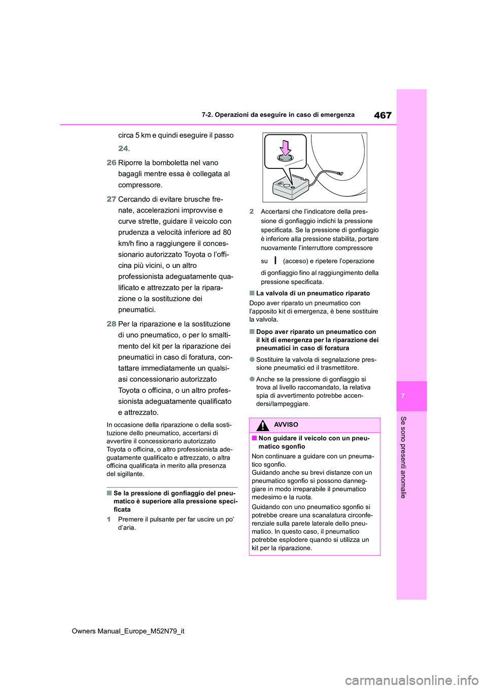 TOYOTA YARIS CROSS 2023  Manuale duso (in Italian) 467
7
Owners Manual_Europe_M52N79_it
7-2. Operazioni da eseguire in caso di emergenza
Se sono presenti anomalie
circa 5 km e quindi eseguire il passo  
24 . 
26 Riporre la bomboletta nel vano  
bagagl