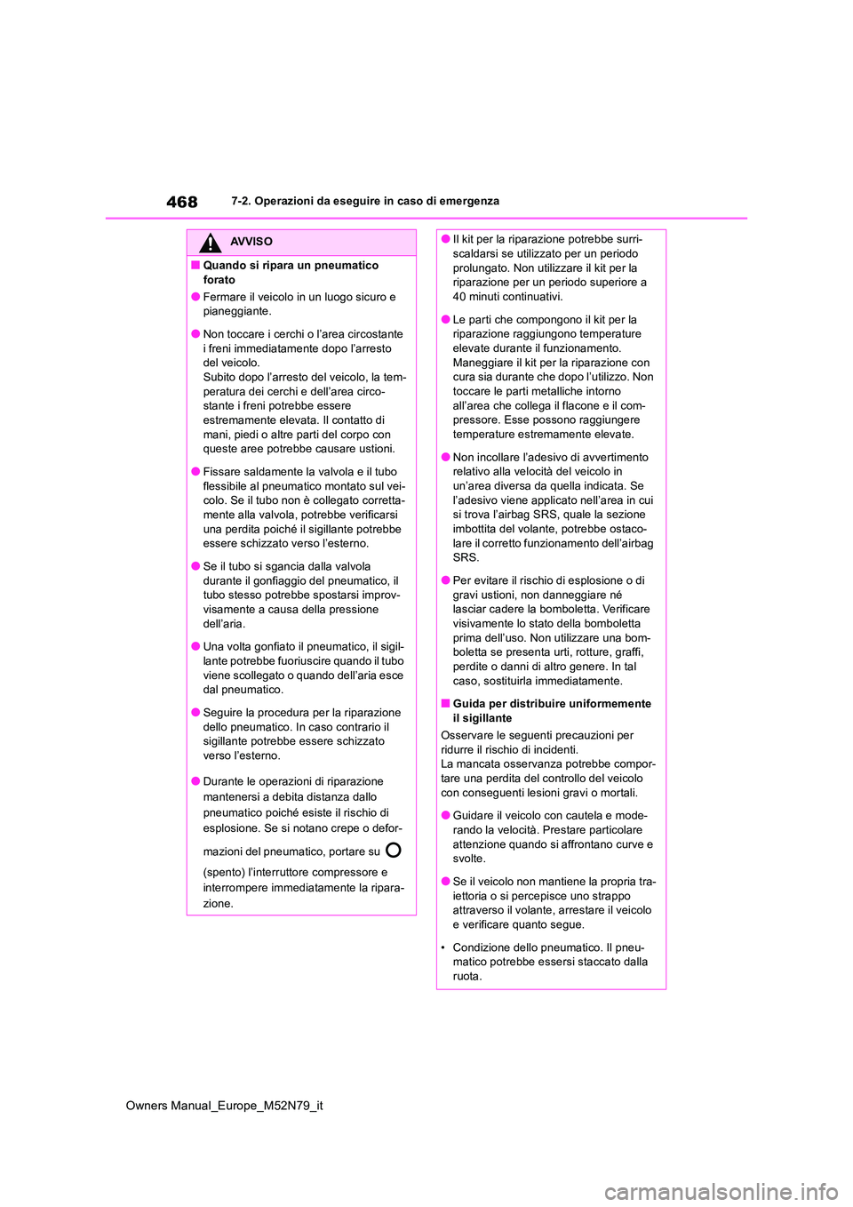 TOYOTA YARIS CROSS 2023  Manuale duso (in Italian) 468
Owners Manual_Europe_M52N79_it
7-2. Operazioni da eseguire in caso di emergenza
AVVISO
■Quando si ripara un pneumatico  
forato
●Fermare il veicolo in un luogo sicuro e  pianeggiante.
●Non t