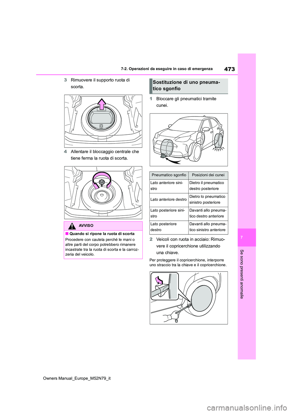 TOYOTA YARIS CROSS 2023  Manuale duso (in Italian) 473
7
Owners Manual_Europe_M52N79_it
7-2. Operazioni da eseguire in caso di emergenza
Se sono presenti anomalie
3Rimuovere il supporto ruota di  
scorta. 
4 Allentare il bloccaggio centrale che  
tien