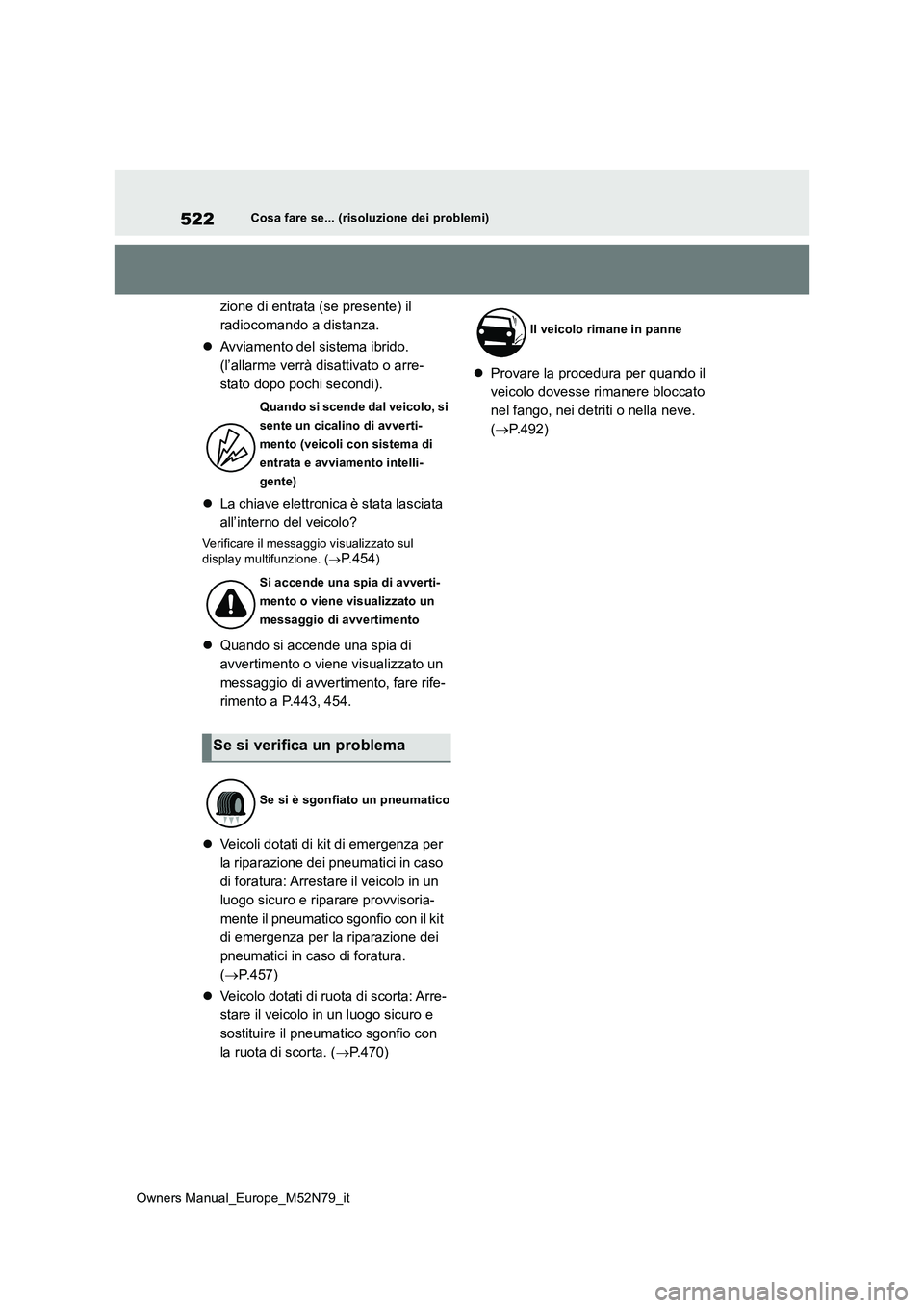 TOYOTA YARIS CROSS 2023 Manuale duso (in Italian) 522
Owners Manual_Europe_M52N79_it
Cosa fare se... (risoluzione dei problemi)
zione di entrata (se presente) il
radiocomando a distanza.
Avviamento del sistema ibrido.
(l’allarme verrà dis TOYOTA YARIS CROSS 2023 Manuale duso (in Italian) 522
Owners Manual_Europe_M52N79_it
Cosa fare se... (risoluzione dei problemi)
zione di entrata (se presente) il
radiocomando a distanza.
Avviamento del sistema ibrido.
(l’allarme verrà dis