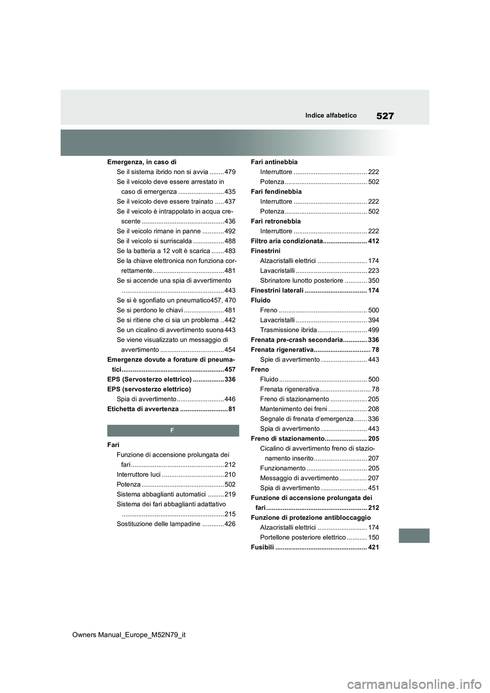 TOYOTA YARIS CROSS 2023 Manuale duso (in Italian) 527
Owners Manual_Europe_M52N79_it
Indice alfabetico
Emergenza, in caso di
Se il sistema ibrido non si avvia ........ 479
Se il veicolo deve essere arrestato in
caso di emergenza ................... TOYOTA YARIS CROSS 2023 Manuale duso (in Italian) 527
Owners Manual_Europe_M52N79_it
Indice alfabetico
Emergenza, in caso di
Se il sistema ibrido non si avvia ........ 479
Se il veicolo deve essere arrestato in
caso di emergenza ...................