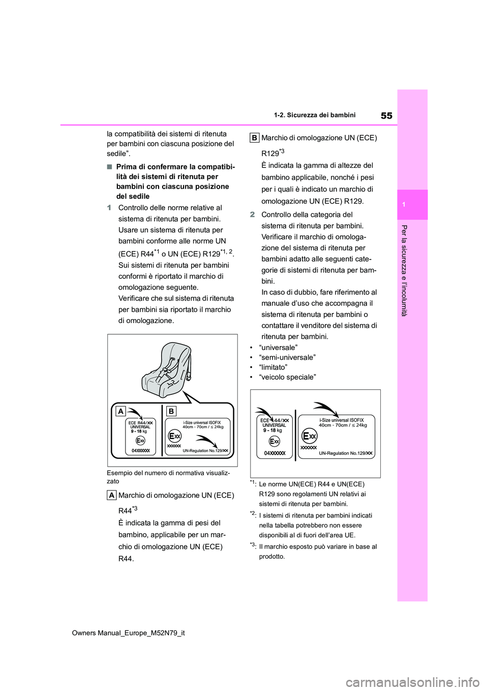 TOYOTA YARIS CROSS 2023 Manuale duso (in Italian) 55
1
Owners Manual_Europe_M52N79_it
1-2. Sicurezza dei bambini
Per la sicurezza e l’incolumità
la compatibilità dei sistemi di ritenuta
per bambini con ciascuna posizione del
sedile”.
■Prim TOYOTA YARIS CROSS 2023 Manuale duso (in Italian) 55
1
Owners Manual_Europe_M52N79_it
1-2. Sicurezza dei bambini
Per la sicurezza e l’incolumità
la compatibilità dei sistemi di ritenuta
per bambini con ciascuna posizione del
sedile”.
■Prim