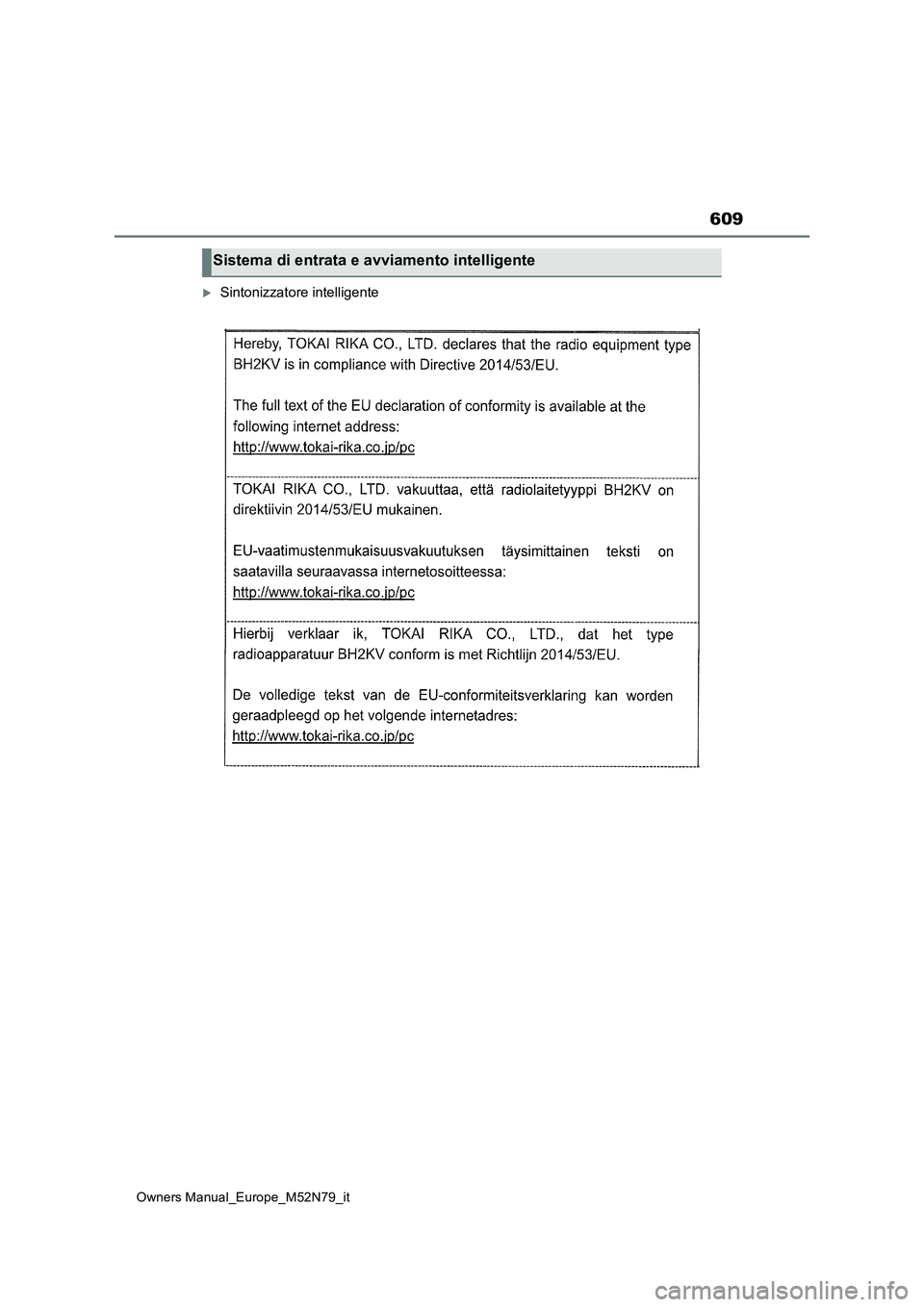 TOYOTA YARIS CROSS 2023 Manuale duso (in Italian) 609
Owners Manual_Europe_M52N79_it
Sintonizzatore intelligente
Sistema di entrata e avviamento intelligente TOYOTA YARIS CROSS 2023 Manuale duso (in Italian) 609
Owners Manual_Europe_M52N79_it
Sintonizzatore intelligente
Sistema di entrata e avviamento intelligente