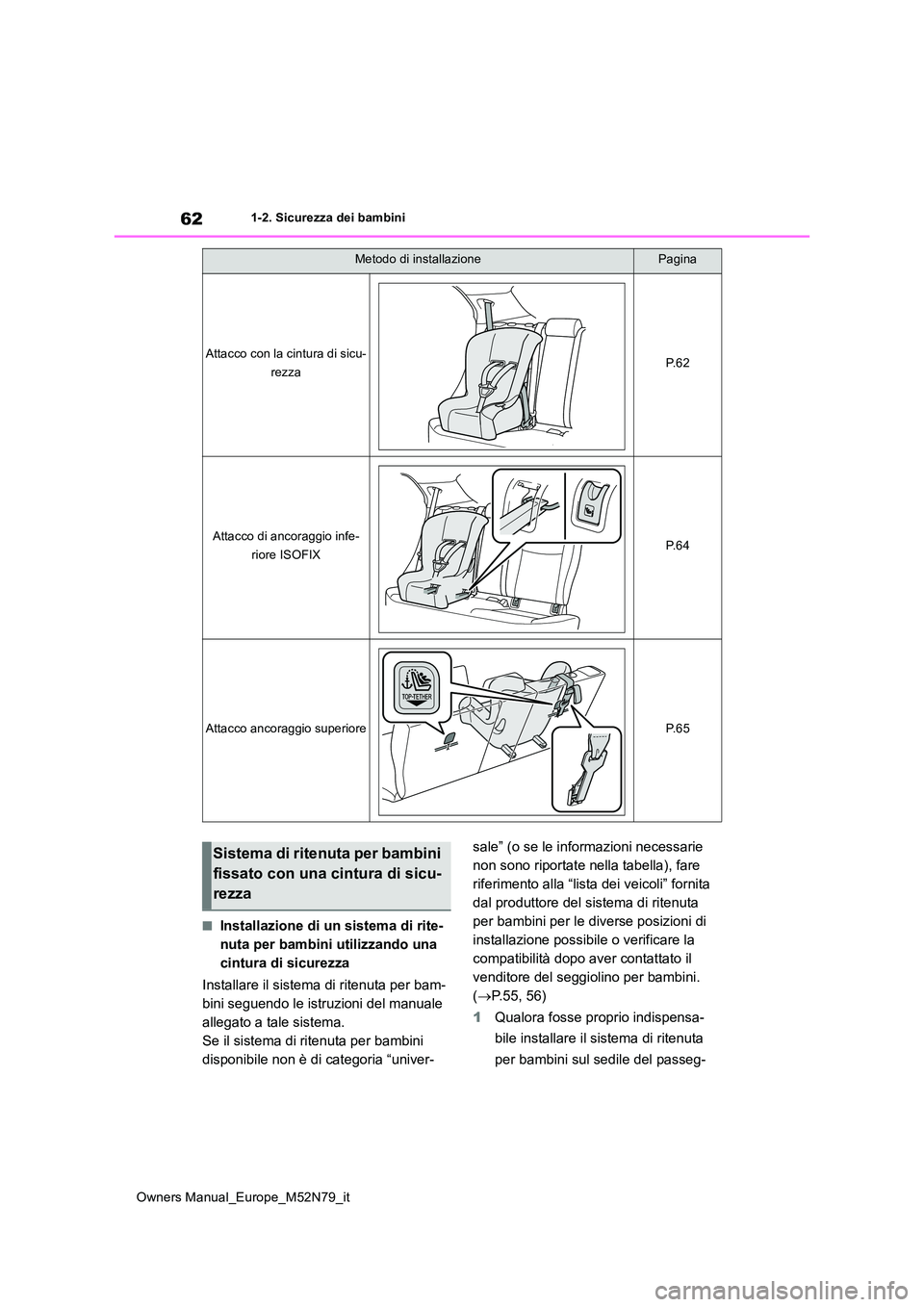 TOYOTA YARIS CROSS 2023 Manuale duso (in Italian) 62
Owners Manual_Europe_M52N79_it
1-2. Sicurezza dei bambini
■Installazione di un sistema di rite-
nuta per bambini utilizzando una
cintura di sicurezza
Installare il sistema di ritenuta per bam- TOYOTA YARIS CROSS 2023 Manuale duso (in Italian) 62
Owners Manual_Europe_M52N79_it
1-2. Sicurezza dei bambini
■Installazione di un sistema di rite-
nuta per bambini utilizzando una
cintura di sicurezza
Installare il sistema di ritenuta per bam-