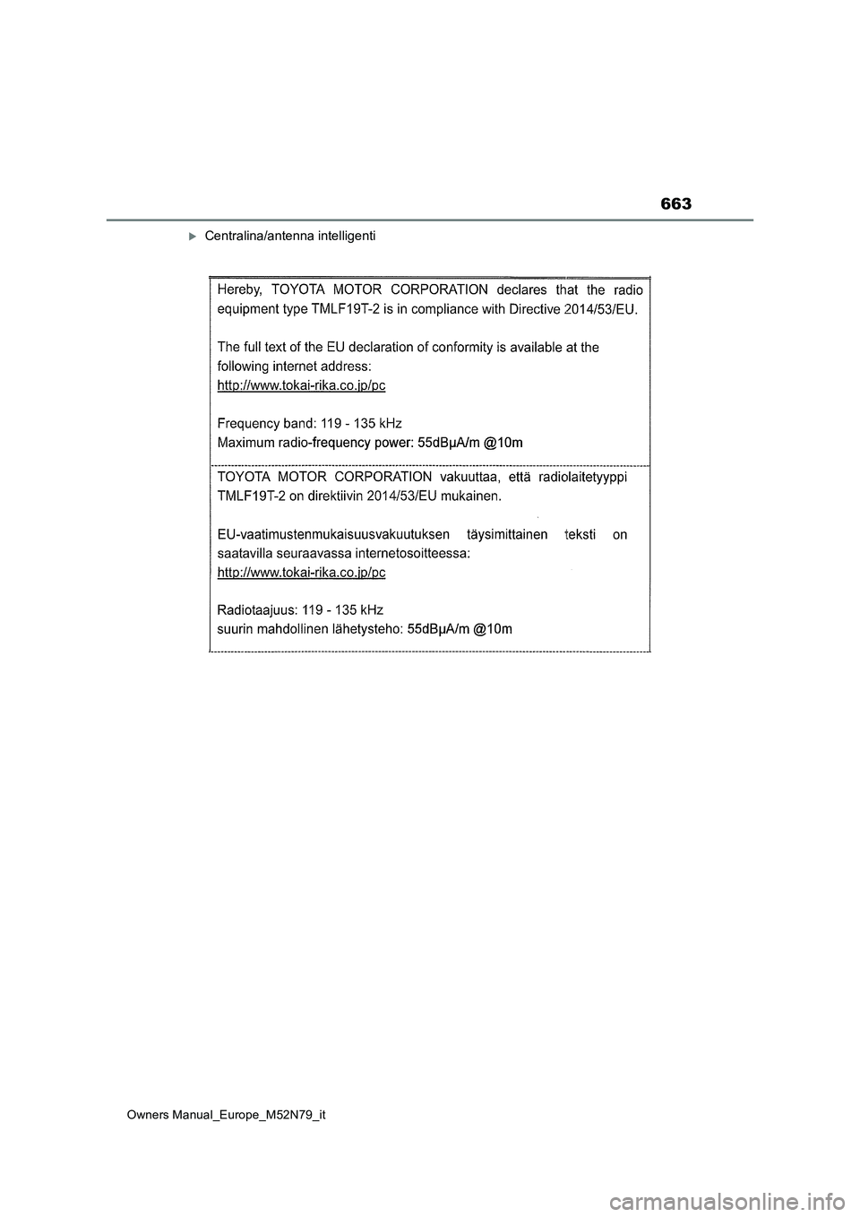 TOYOTA YARIS CROSS 2023 Manuale duso (in Italian) 663
Owners Manual_Europe_M52N79_it
Centralina/antenna intelligenti TOYOTA YARIS CROSS 2023 Manuale duso (in Italian) 663
Owners Manual_Europe_M52N79_it
Centralina/antenna intelligenti