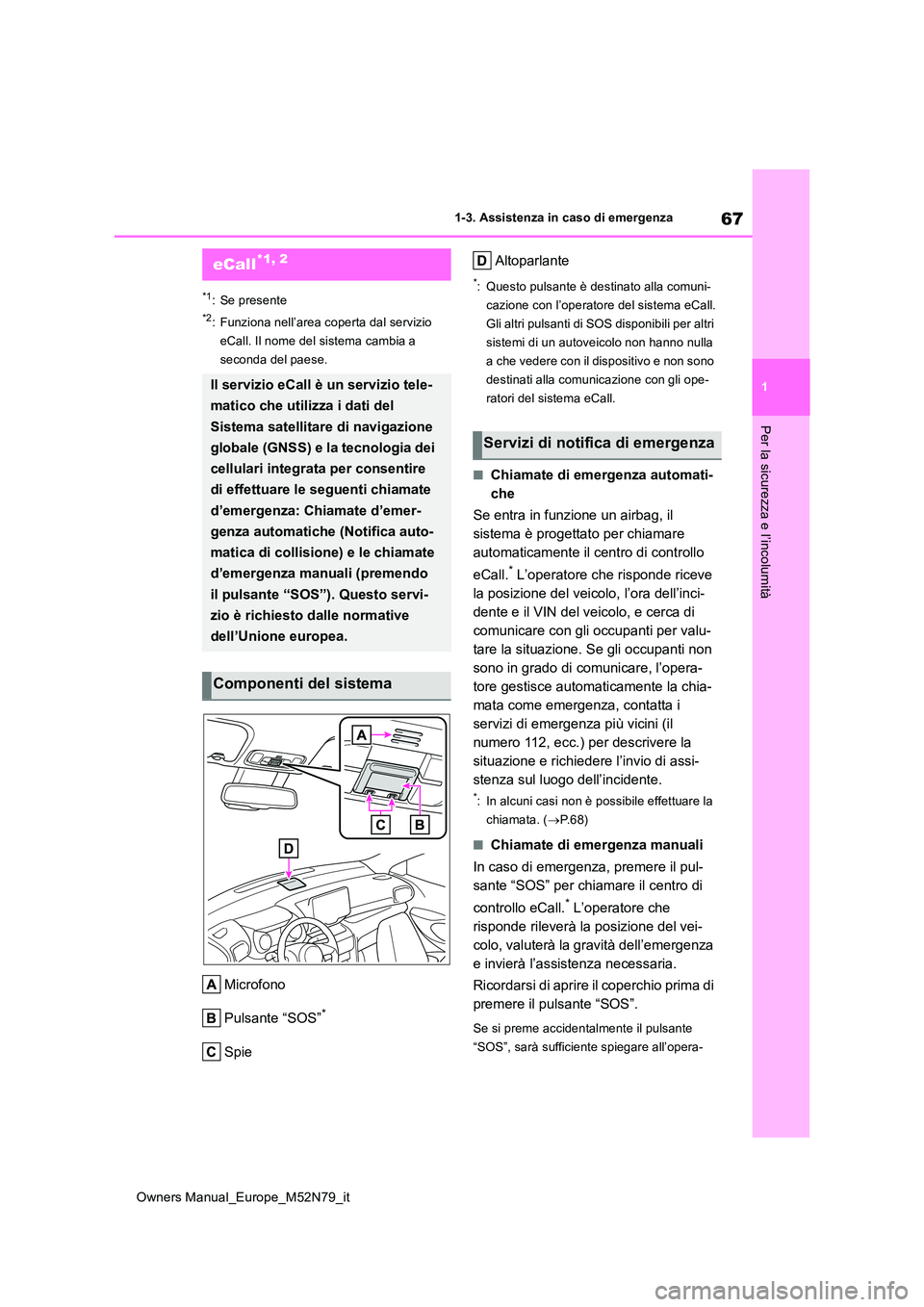 TOYOTA YARIS CROSS 2023 Manuale duso (in Italian) 67
1
Owners Manual_Europe_M52N79_it
1-3. Assistenza in caso di emergenza
Per la sicurezza e l’incolumità
1-3.Assistenz a in cas o d i emergenz a
*1: Se presente
*2: Funziona nell’area coperta dal TOYOTA YARIS CROSS 2023 Manuale duso (in Italian) 67
1
Owners Manual_Europe_M52N79_it
1-3. Assistenza in caso di emergenza
Per la sicurezza e l’incolumità
1-3.Assistenz a in cas o d i emergenz a
*1: Se presente
*2: Funziona nell’area coperta dal