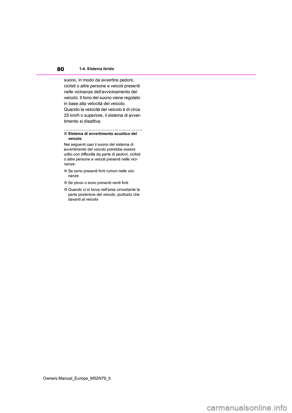 TOYOTA YARIS CROSS 2023 Manuale duso (in Italian) 80
Owners Manual_Europe_M52N79_it
1-4. Sistema ibrido
suono, in modo da avvertire pedoni,
ciclisti o altre persone e veicoli presenti
nelle vicinanze dell’avvicinamento del
veicolo. Il tono del TOYOTA YARIS CROSS 2023 Manuale duso (in Italian) 80
Owners Manual_Europe_M52N79_it
1-4. Sistema ibrido
suono, in modo da avvertire pedoni,
ciclisti o altre persone e veicoli presenti
nelle vicinanze dell’avvicinamento del
veicolo. Il tono del