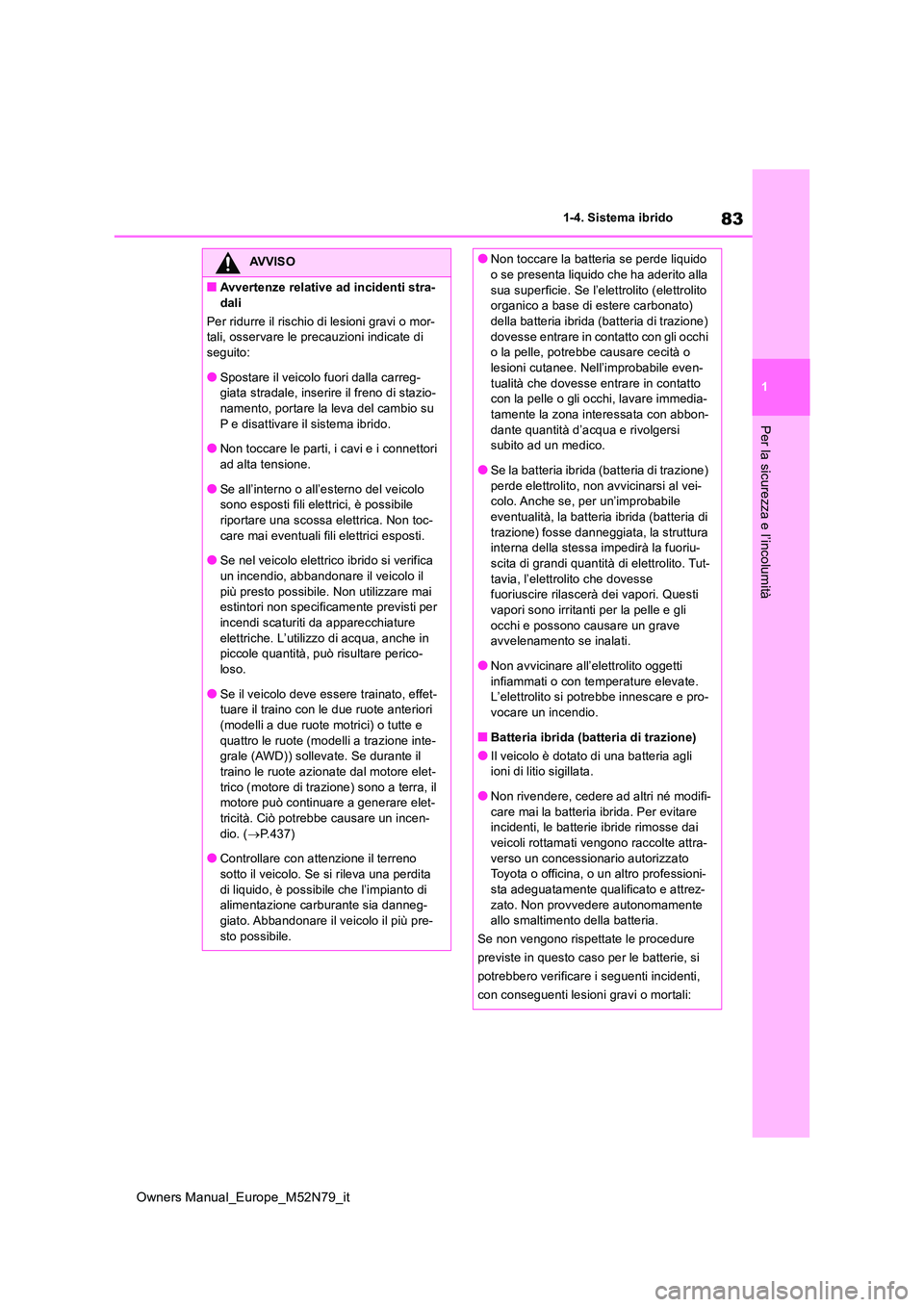 TOYOTA YARIS CROSS 2023 Manuale duso (in Italian) 83
1
Owners Manual_Europe_M52N79_it
1-4. Sistema ibrido
Per la sicurezza e l’incolumità
AVVISO
■Avvertenze relative ad incidenti stra-
dali
Per ridurre il rischio di lesioni gravi o mor- tali, TOYOTA YARIS CROSS 2023 Manuale duso (in Italian) 83
1
Owners Manual_Europe_M52N79_it
1-4. Sistema ibrido
Per la sicurezza e l’incolumità
AVVISO
■Avvertenze relative ad incidenti stra-
dali
Per ridurre il rischio di lesioni gravi o mor- tali,