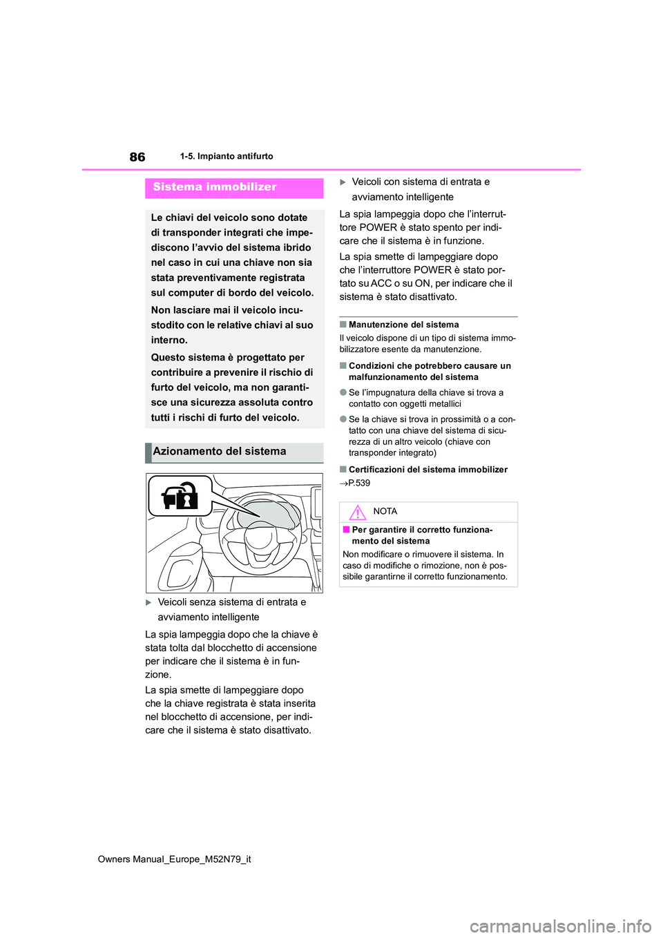 TOYOTA YARIS CROSS 2023 Manuale duso (in Italian) 86
Owners Manual_Europe_M52N79_it
1-5. Impianto antifurto
1-5.Impianto antifurto
Veicoli senza sistema di entrata e
avviamento intelligente
La spia lampeggia dopo che la chiave è
stata tolta TOYOTA YARIS CROSS 2023 Manuale duso (in Italian) 86
Owners Manual_Europe_M52N79_it
1-5. Impianto antifurto
1-5.Impianto antifurto
Veicoli senza sistema di entrata e
avviamento intelligente
La spia lampeggia dopo che la chiave è
stata tolta