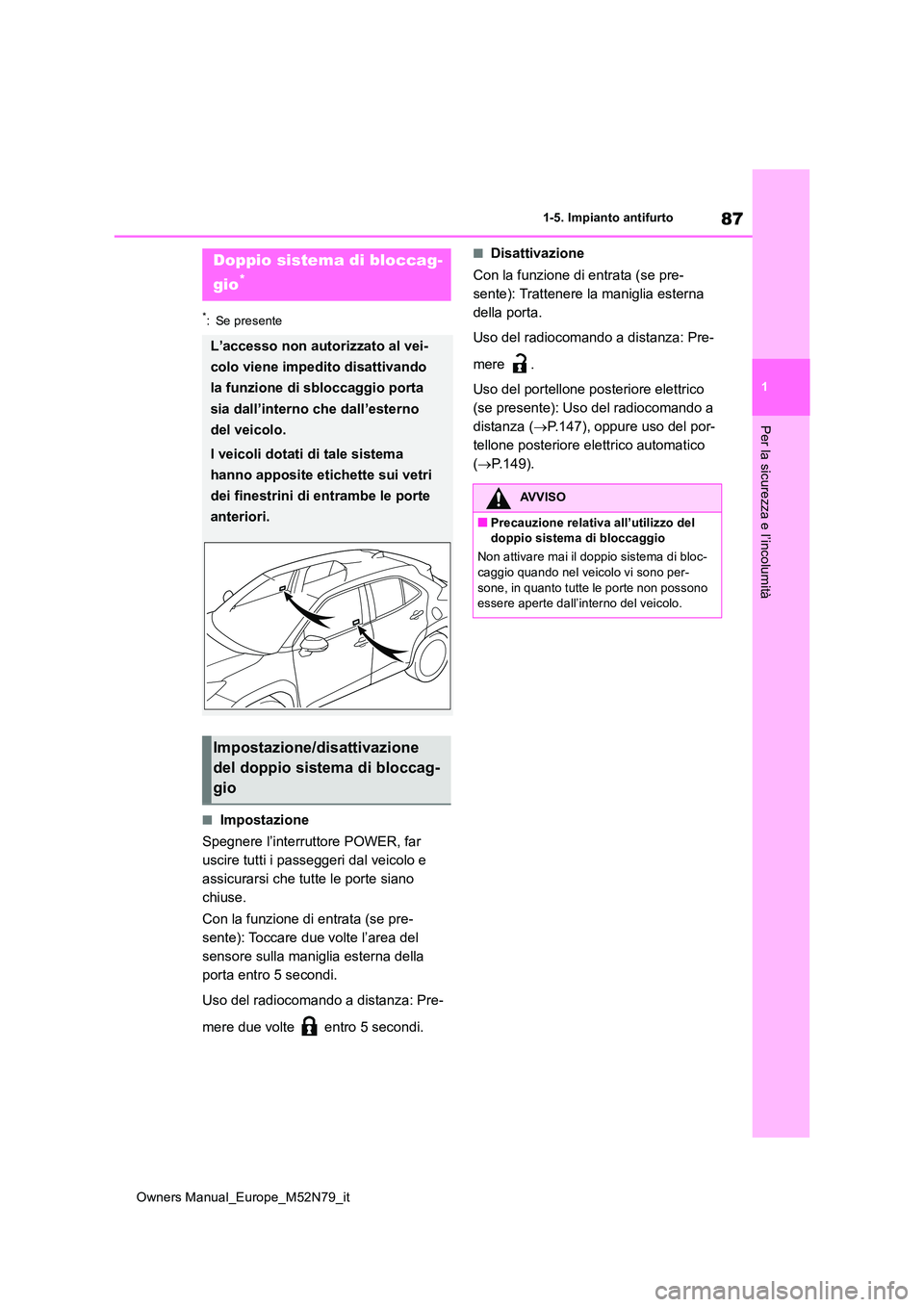TOYOTA YARIS CROSS 2023 Manuale duso (in Italian) 87
1
Owners Manual_Europe_M52N79_it
1-5. Impianto antifurto
Per la sicurezza e l’incolumità
*: Se presente
■Impostazione
Spegnere l’interruttore POWER, far
uscire tutti i passeggeri dal veic TOYOTA YARIS CROSS 2023 Manuale duso (in Italian) 87
1
Owners Manual_Europe_M52N79_it
1-5. Impianto antifurto
Per la sicurezza e l’incolumità
*: Se presente
■Impostazione
Spegnere l’interruttore POWER, far
uscire tutti i passeggeri dal veic