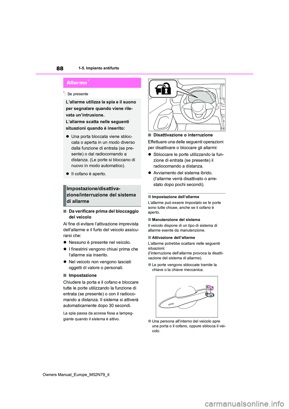 TOYOTA YARIS CROSS 2023 Manuale duso (in Italian) 88
Owners Manual_Europe_M52N79_it
1-5. Impianto antifurto
*: Se presente
■Da verificare prima del bloccaggio
del veicolo
Al fine di evitare l’attivazione imprevista
dell’allarme e il furto TOYOTA YARIS CROSS 2023 Manuale duso (in Italian) 88
Owners Manual_Europe_M52N79_it
1-5. Impianto antifurto
*: Se presente
■Da verificare prima del bloccaggio
del veicolo
Al fine di evitare l’attivazione imprevista
dell’allarme e il furto