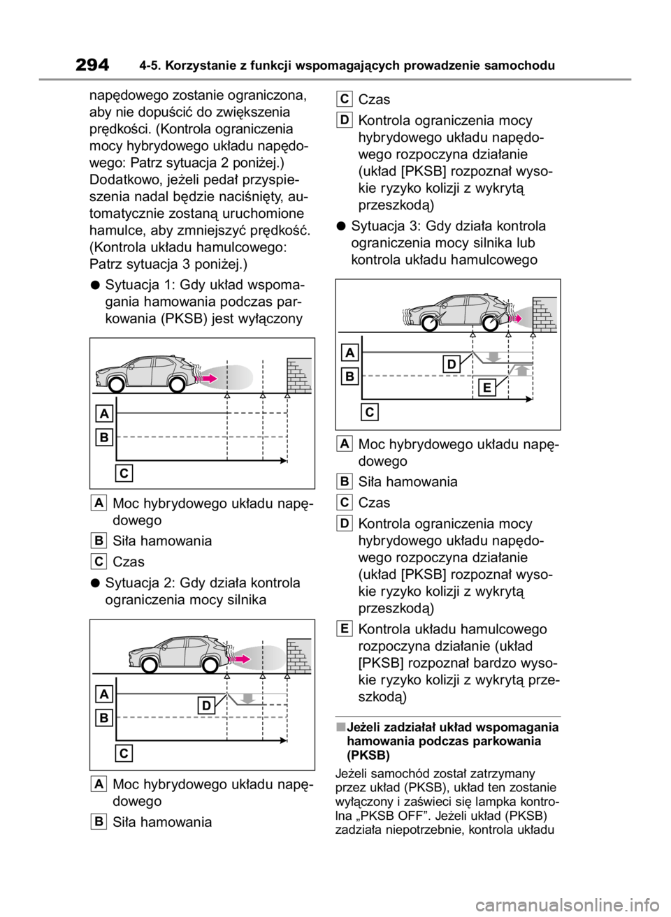 TOYOTA YARIS CROSS 2023  Instrukcja obsługi (in Polish) nap´dowego zostanie ograniczona,
aby nie dopuÊciç do zwi´kszenia
pr´dkoÊci. (Kontrola ograniczenia
mocy hybrydowego uk∏adu nap´do-
wego: Patrz sytuacja 2 poni˝ej.)
Dodatkowo, je˝eli peda∏