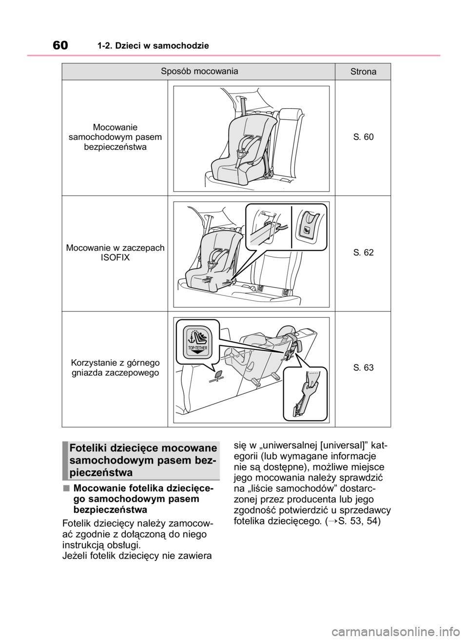TOYOTA YARIS CROSS 2023 Instrukcja obsługi (in Polish) Mocowanie fotelika dzieci´ce-
go samochodowym pasem
bezpieczeƒstwa
Fotelik dzieci´cy nale˝y zamocow-
aç zgodnie z do∏àczonà do niego
instrukcjà obs∏ugi.
Je˝eli fotelik dzieci´cy nie zawi TOYOTA YARIS CROSS 2023 Instrukcja obsługi (in Polish) Mocowanie fotelika dzieci´ce-
go samochodowym pasem
bezpieczeƒstwa
Fotelik dzieci´cy nale˝y zamocow-
aç zgodnie z do∏àczonà do niego
instrukcjà obs∏ugi.
Je˝eli fotelik dzieci´cy nie zawi