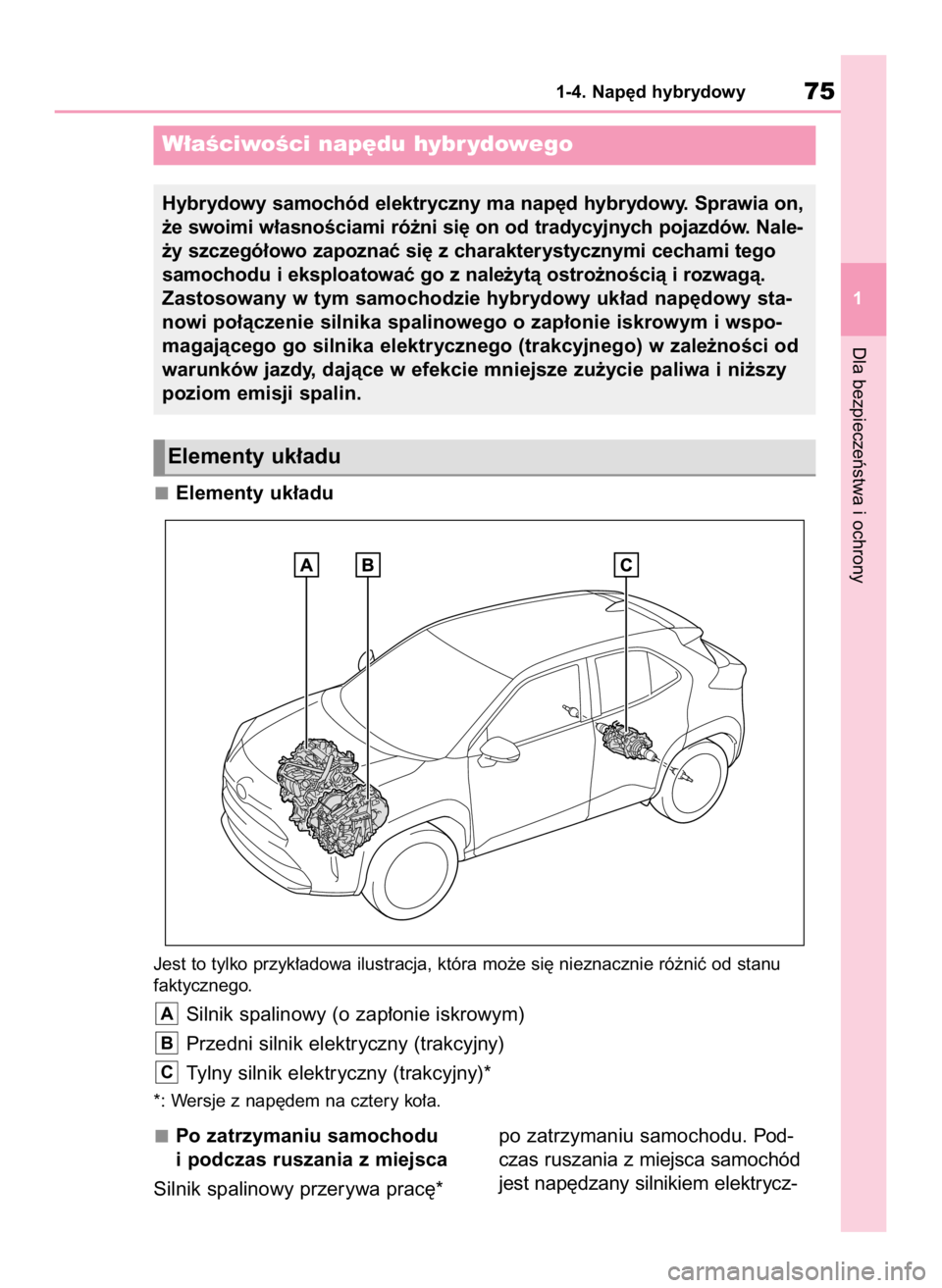 TOYOTA YARIS CROSS 2023 Instrukcja obsługi (in Polish) Po zatrzymaniu samochodu
i podczas ruszania z miejsca
Silnik spalinowy przerywa prac´*po zatrzymaniu samochodu. Pod-
czas ruszania z miejsca samochód
jest nap´dzany silnikiem elektrycz-
Dla bezpiec TOYOTA YARIS CROSS 2023 Instrukcja obsługi (in Polish) Po zatrzymaniu samochodu
i podczas ruszania z miejsca
Silnik spalinowy przerywa prac´*po zatrzymaniu samochodu. Pod-
czas ruszania z miejsca samochód
jest nap´dzany silnikiem elektrycz-
Dla bezpiec