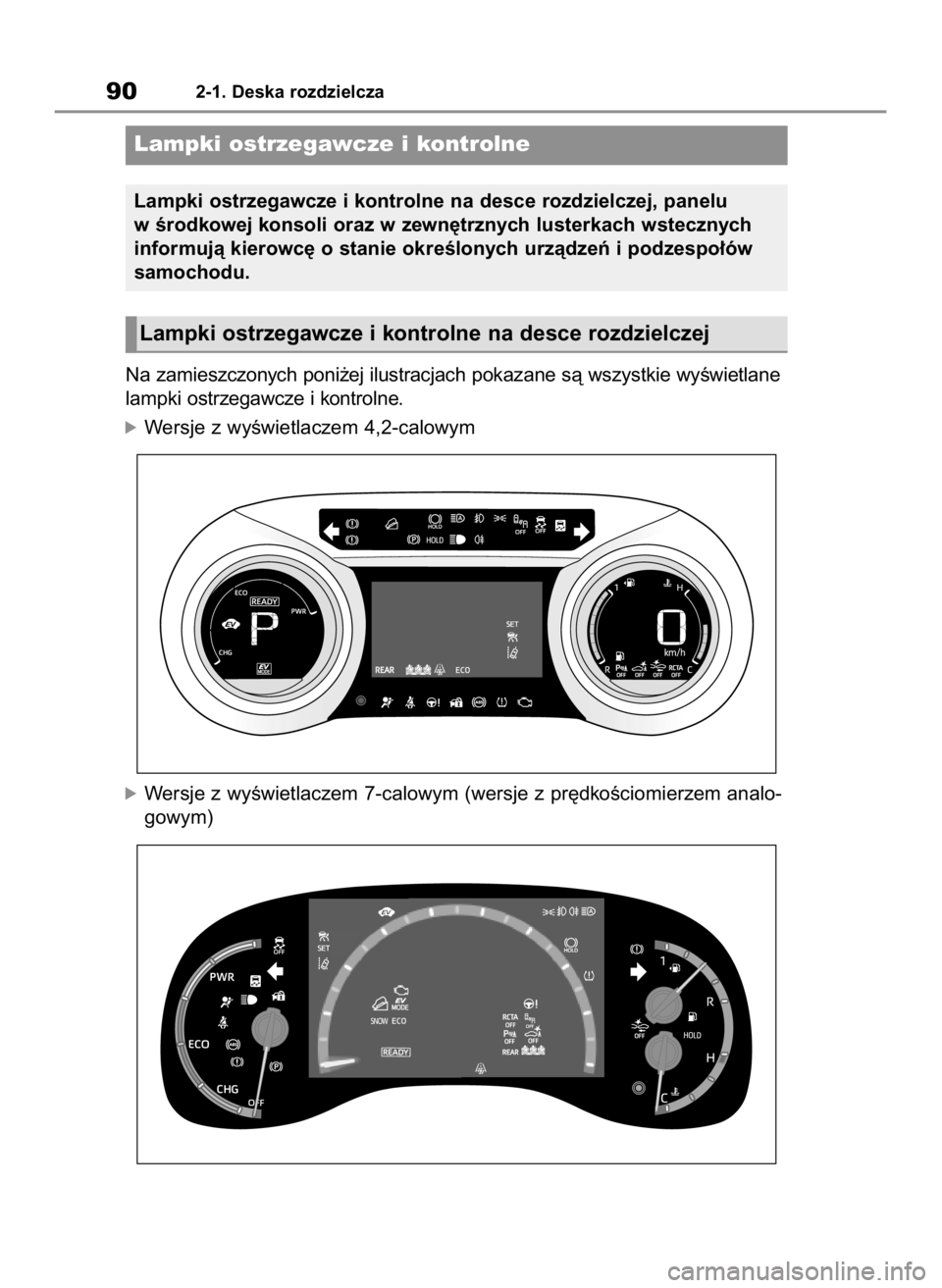 TOYOTA YARIS CROSS 2023  Instrukcja obsługi (in Polish) Na zamieszczonych poni˝ej ilustracjach pokazane sà wszystkie wyÊwietlane
lampki ostrzegawcze i kontrolne.
óWersje z wyÊwietlaczem 4,2-calowym
óWersje z wyÊwietlaczem 7-calowym (wersje z pr´dko