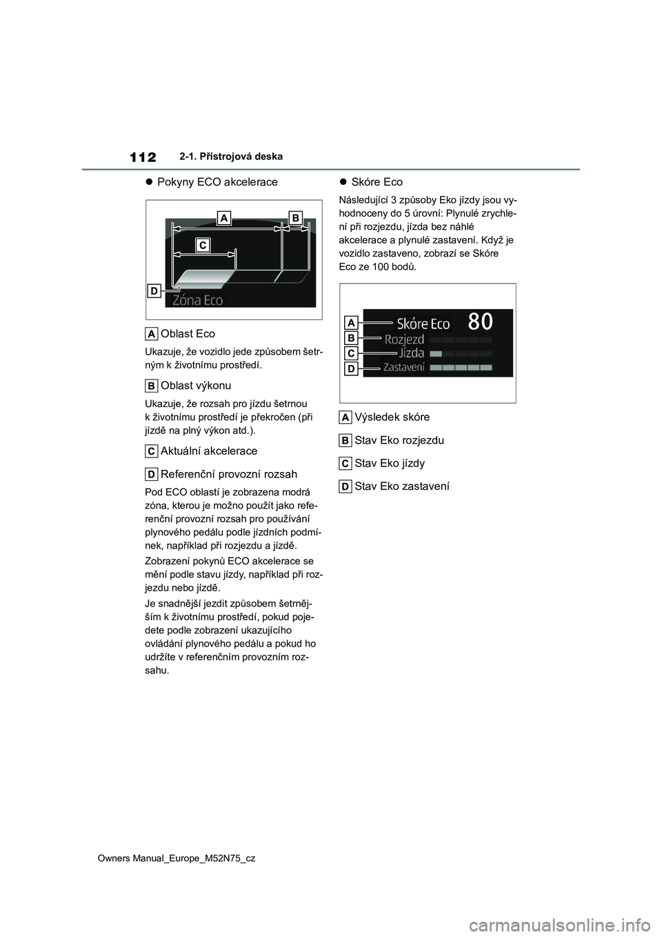 TOYOTA YARIS CROSS 2023  Návod na použití (in Czech) 112
Owners Manual_Europe_M52N75_cz
2-1. Přístrojová deska
Pokyny ECO akcelerace 
Oblast Eco
Ukazuje, že vozidlo jede způsobem šetr- 
ným k životnímu prostředí.
Oblast výkonu
Ukazuje, ž