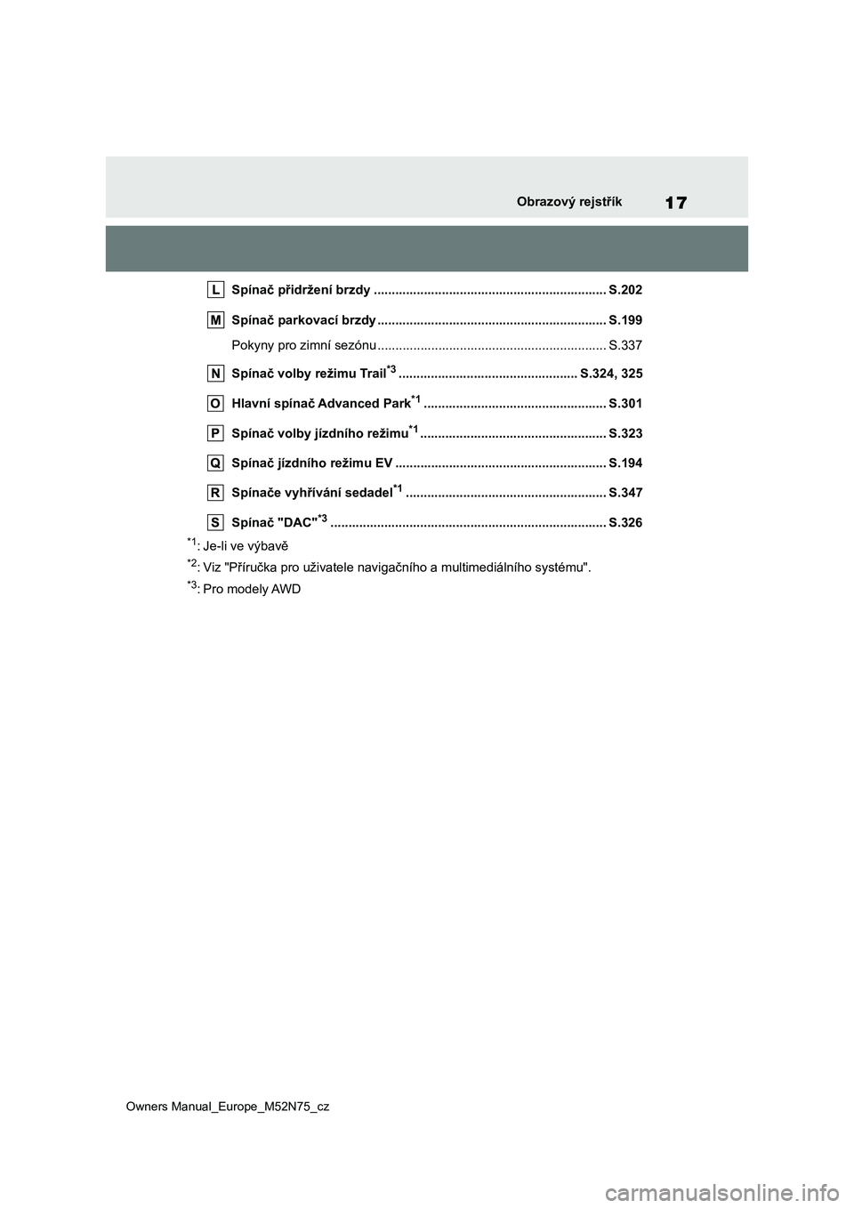 TOYOTA YARIS CROSS 2023 Návod na použití (in Czech) 17
Owners Manual_Europe_M52N75_cz
Obrazový rejstřík
Spínač přidržení brzdy ................................................................. S.202
Spínač parkovací brzdy .................. TOYOTA YARIS CROSS 2023 Návod na použití (in Czech) 17
Owners Manual_Europe_M52N75_cz
Obrazový rejstřík
Spínač přidržení brzdy ................................................................. S.202
Spínač parkovací brzdy ..................