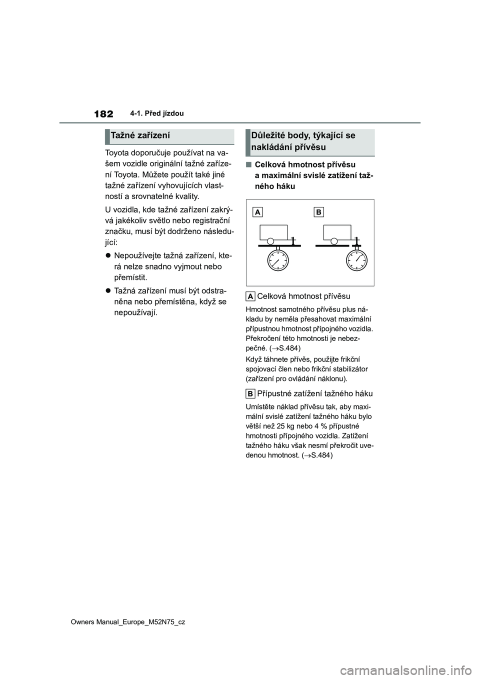 TOYOTA YARIS CROSS 2023 Návod na použití (in Czech) 182
Owners Manual_Europe_M52N75_cz
4-1. Před jízdou
Toyota doporučuje používat na va-
šem vozidle originální tažné zaříze-
ní Toyota. Můžete použít také jiné
tažné zařízení v TOYOTA YARIS CROSS 2023 Návod na použití (in Czech) 182
Owners Manual_Europe_M52N75_cz
4-1. Před jízdou
Toyota doporučuje používat na va-
šem vozidle originální tažné zaříze-
ní Toyota. Můžete použít také jiné
tažné zařízení v