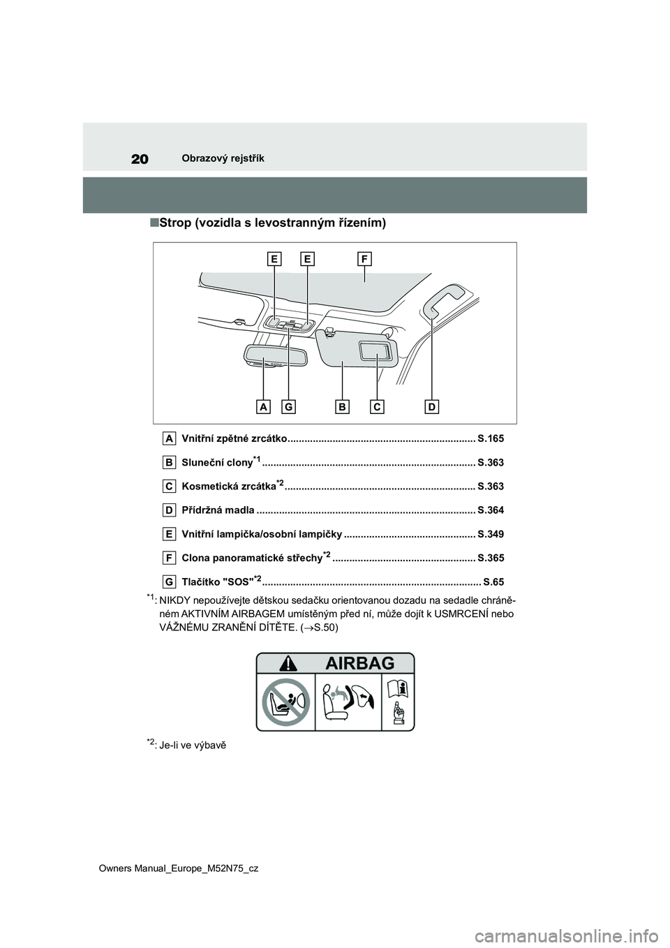 TOYOTA YARIS CROSS 2023 Návod na použití (in Czech) 20
Owners Manual_Europe_M52N75_cz
Obrazový rejstřík
■Strop (vozidla s levostranným řízením)
Vnitřní zpětné zrcátko................................................................... S.16 TOYOTA YARIS CROSS 2023 Návod na použití (in Czech) 20
Owners Manual_Europe_M52N75_cz
Obrazový rejstřík
■Strop (vozidla s levostranným řízením)
Vnitřní zpětné zrcátko................................................................... S.16