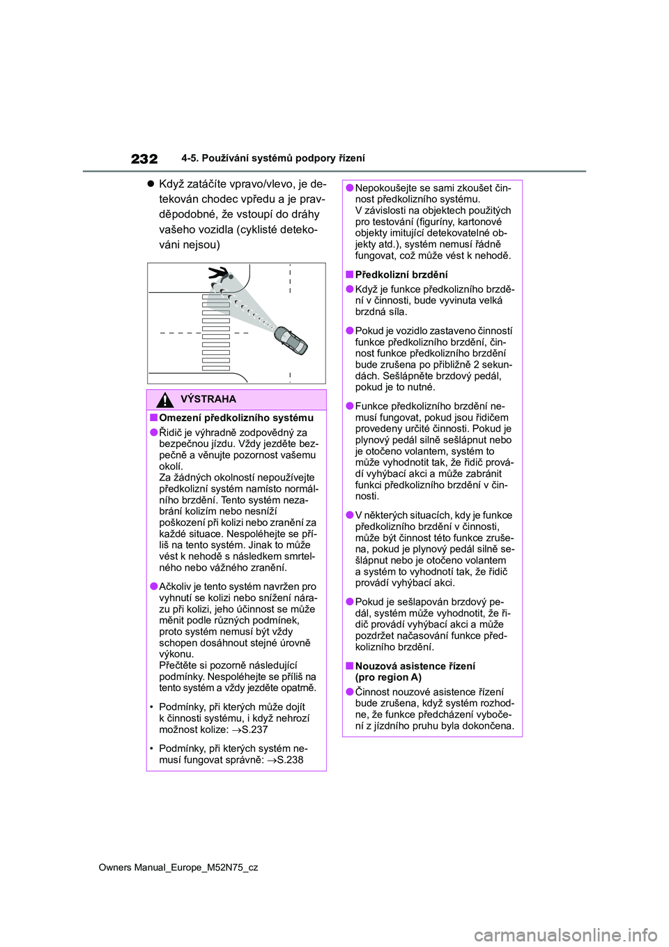 TOYOTA YARIS CROSS 2023  Návod na použití (in Czech) 232
Owners Manual_Europe_M52N75_cz
4-5. Používání systémů podpory řízení
Když zatáčíte vpravo/vlevo, je de- 
tekován chodec vpředu a je prav-
děpodobné, že vstoupí do dráhy 
va