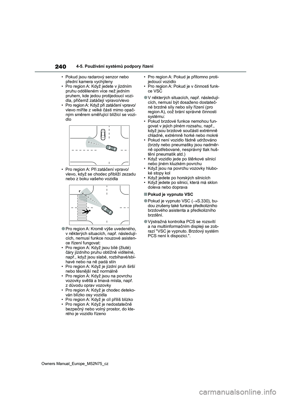 TOYOTA YARIS CROSS 2023  Návod na použití (in Czech) 240
Owners Manual_Europe_M52N75_cz
4-5. Používání systémů podpory řízení 
• Pokud jsou radarový senzor nebo  
přední kamera vychýleny • Pro region A: Když jedete v jízdním  
pruhu 