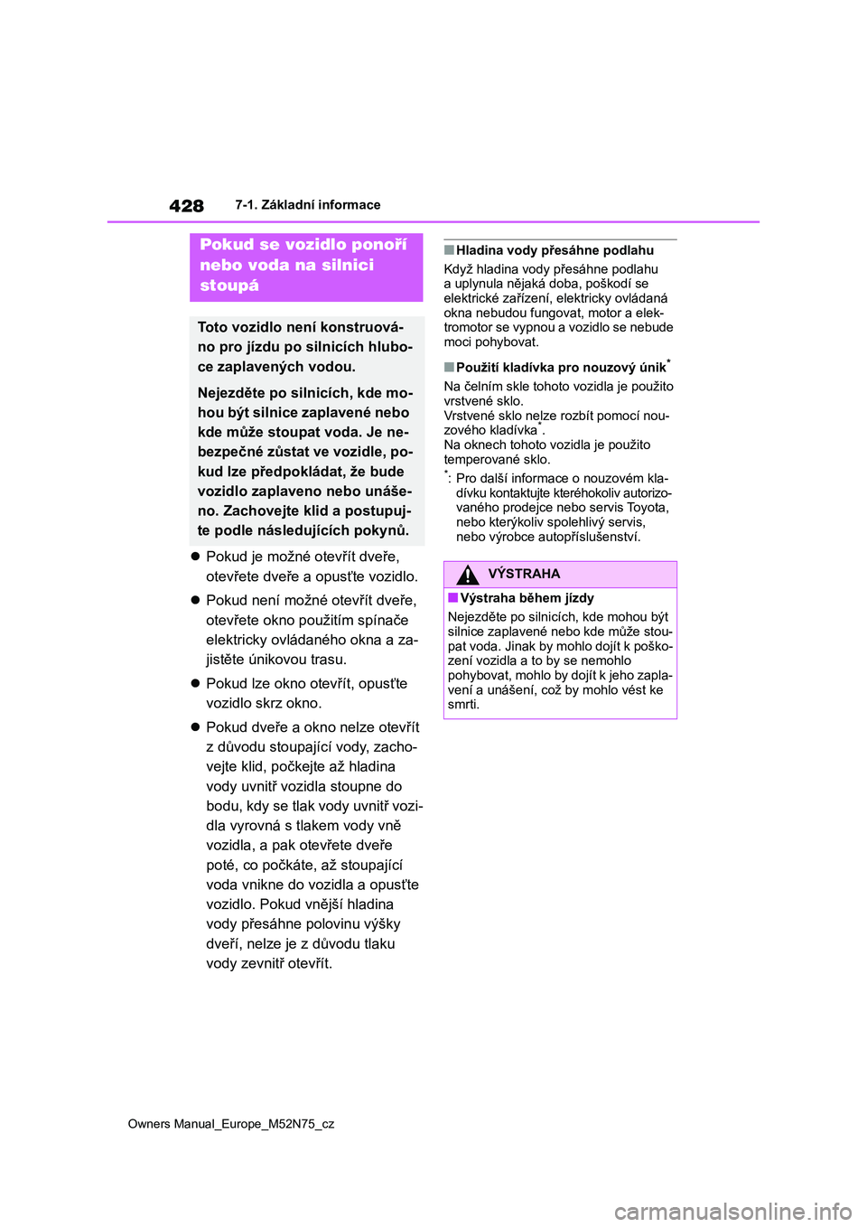 TOYOTA YARIS CROSS 2023 Návod na použití (in Czech) 428
Owners Manual_Europe_M52N75_cz
7-1. Základní informace
Pokud je možné otevřít dveře,
otevřete dveře a opusťte vozidlo.
Pokud není možné otevřít dveře,
otevřete okno po TOYOTA YARIS CROSS 2023 Návod na použití (in Czech) 428
Owners Manual_Europe_M52N75_cz
7-1. Základní informace
Pokud je možné otevřít dveře,
otevřete dveře a opusťte vozidlo.
Pokud není možné otevřít dveře,
otevřete okno po