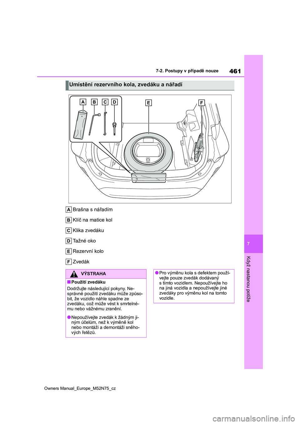 TOYOTA YARIS CROSS 2023 Návod na použití (in Czech) 461
7
Owners Manual_Europe_M52N75_cz
7-2. Postupy v případě nouze
Když nastanou potíže
Brašna s nářadím
Klíč na matice kol
Klika zvedáku
Tažné oko
Rezervní kolo
Zvedák
Umístění TOYOTA YARIS CROSS 2023 Návod na použití (in Czech) 461
7
Owners Manual_Europe_M52N75_cz
7-2. Postupy v případě nouze
Když nastanou potíže
Brašna s nářadím
Klíč na matice kol
Klika zvedáku
Tažné oko
Rezervní kolo
Zvedák
Umístění