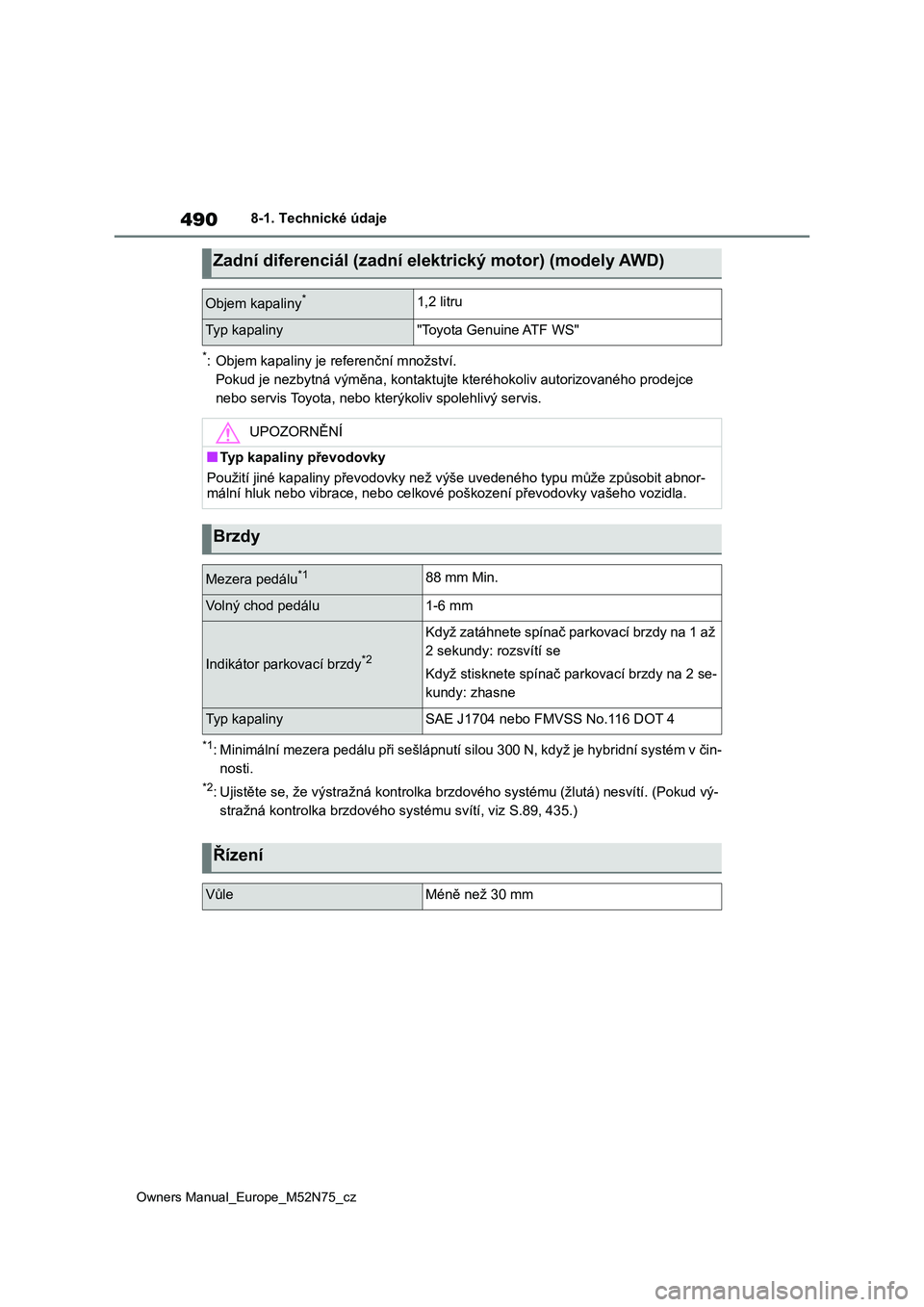 TOYOTA YARIS CROSS 2023  Návod na použití (in Czech) 490
Owners Manual_Europe_M52N75_cz
8-1. Technické údaje
*: Objem kapaliny je referenční množství. 
Pokud je nezbytná výměna, kontak tujte kteréhokoliv autorizovaného prodejce  
nebo servis 