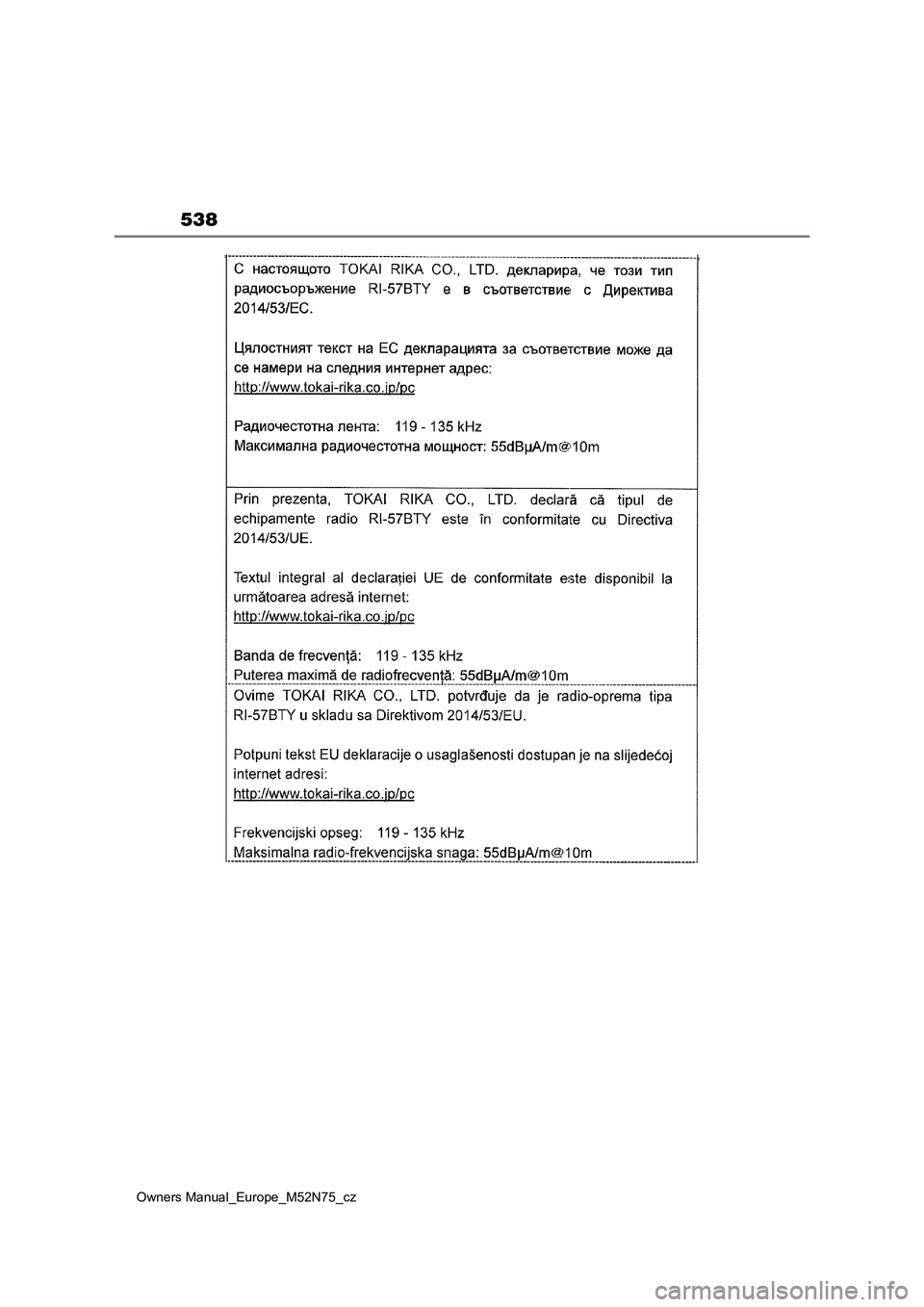 TOYOTA YARIS CROSS 2023  Návod na použití (in Czech) 538
Owners Manual_Europe_M52N75_cz 