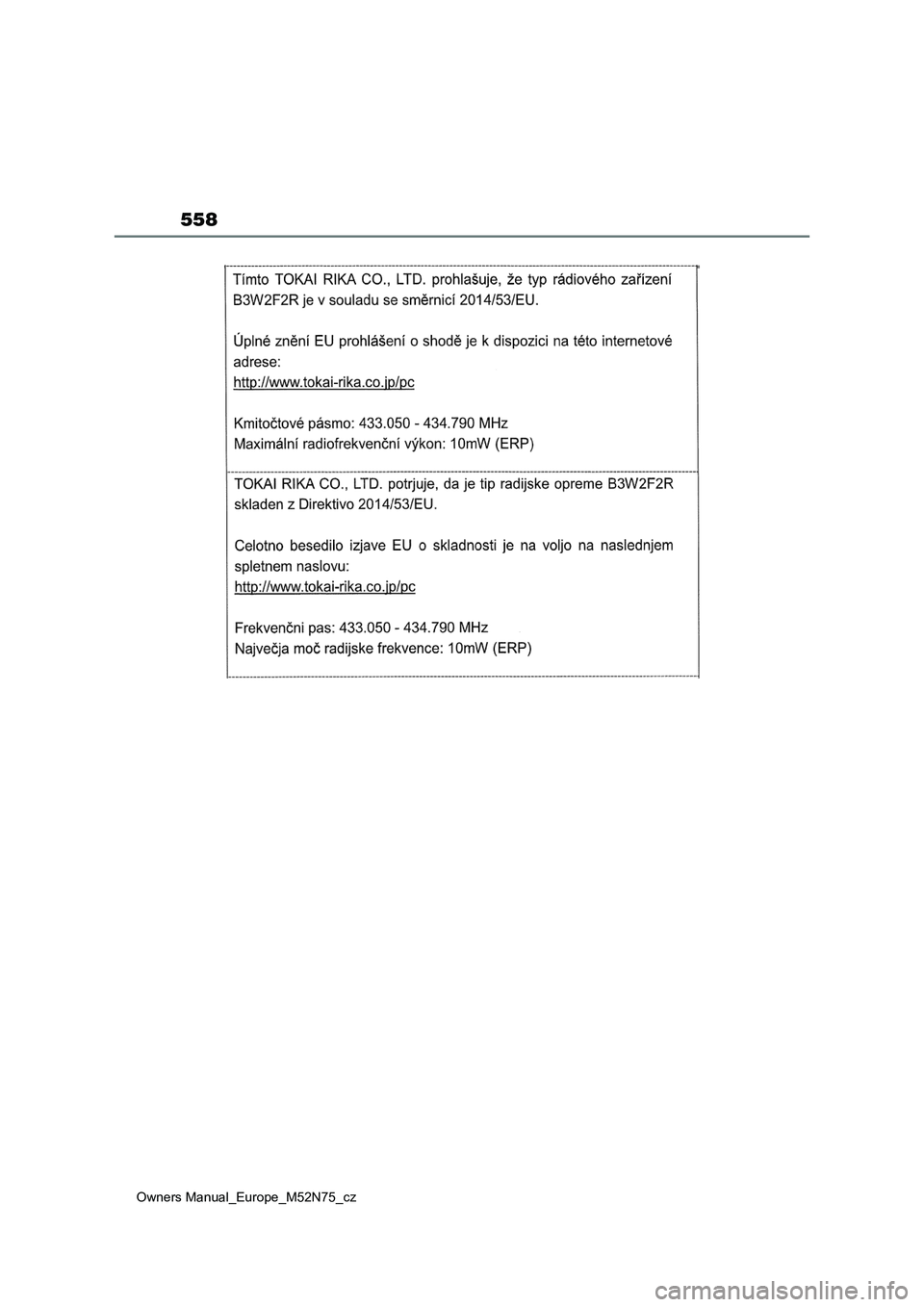 TOYOTA YARIS CROSS 2023  Návod na použití (in Czech) 558
Owners Manual_Europe_M52N75_cz 