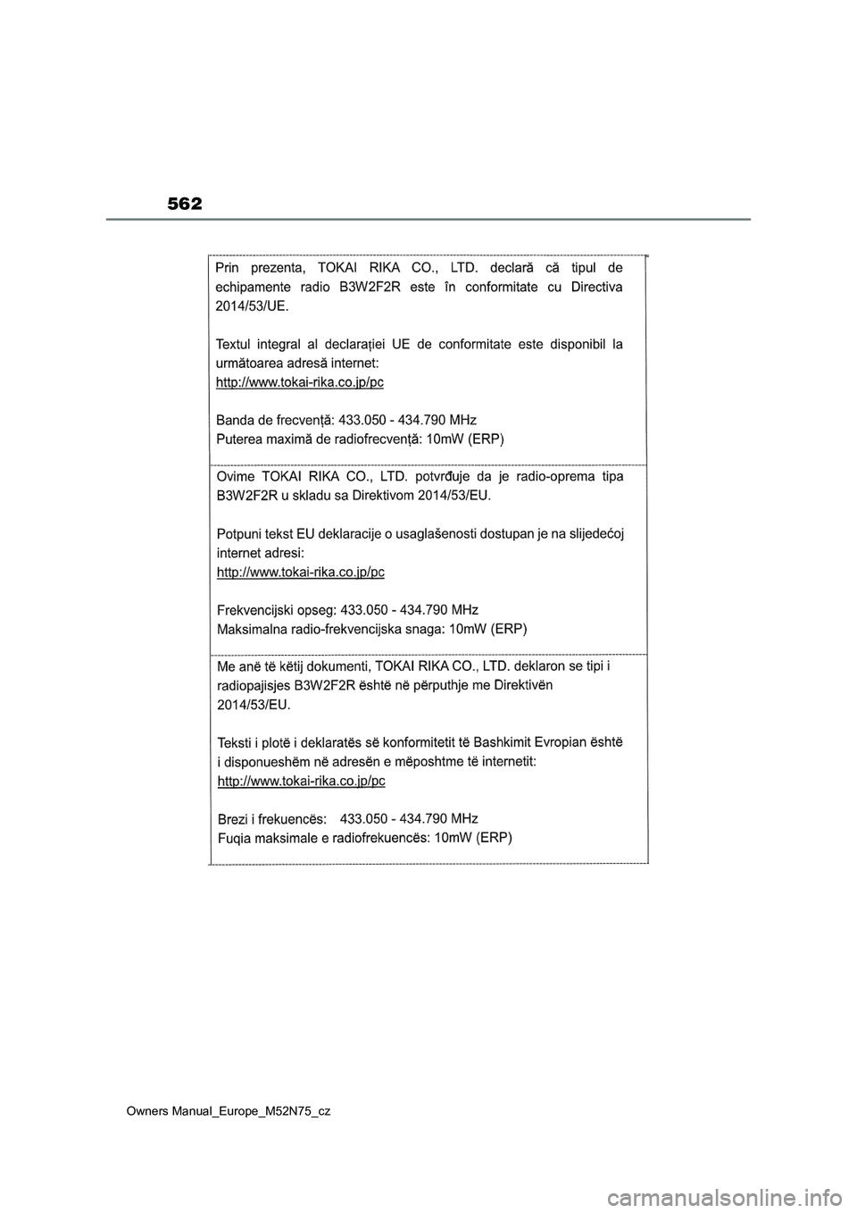 TOYOTA YARIS CROSS 2023  Návod na použití (in Czech) 562
Owners Manual_Europe_M52N75_cz 