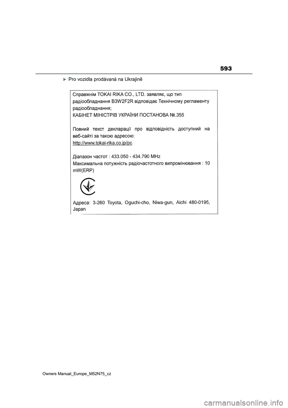 TOYOTA YARIS CROSS 2023  Návod na použití (in Czech) 593
Owners Manual_Europe_M52N75_cz
Pro vozidla prodávaná na Ukrajině 