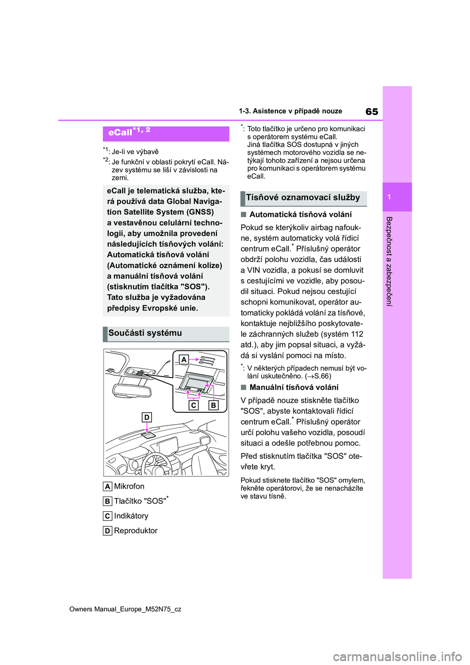 TOYOTA YARIS CROSS 2023  Návod na použití (in Czech) 65
1
Owners Manual_Europe_M52N75_cz
1-3. Asistence v případě nouze
Bezpečnost a zabezpečení
1-3.Asistence v případě nouze
*1: Je-li ve výbavě*2: Je funkční v oblasti pokrytí eCall. Ná- 
