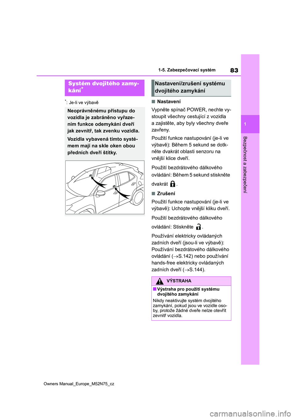 TOYOTA YARIS CROSS 2023 Návod na použití (in Czech) 83
1
Owners Manual_Europe_M52N75_cz
1-5. Zabezpečovací systém
Bezpečnost a zabezpečení
*: Je-li ve výbavě■Nastavení
Vypněte spínač POWER, nechte vy-
stoupit všechny cestující z vozi TOYOTA YARIS CROSS 2023 Návod na použití (in Czech) 83
1
Owners Manual_Europe_M52N75_cz
1-5. Zabezpečovací systém
Bezpečnost a zabezpečení
*: Je-li ve výbavě■Nastavení
Vypněte spínač POWER, nechte vy-
stoupit všechny cestující z vozi