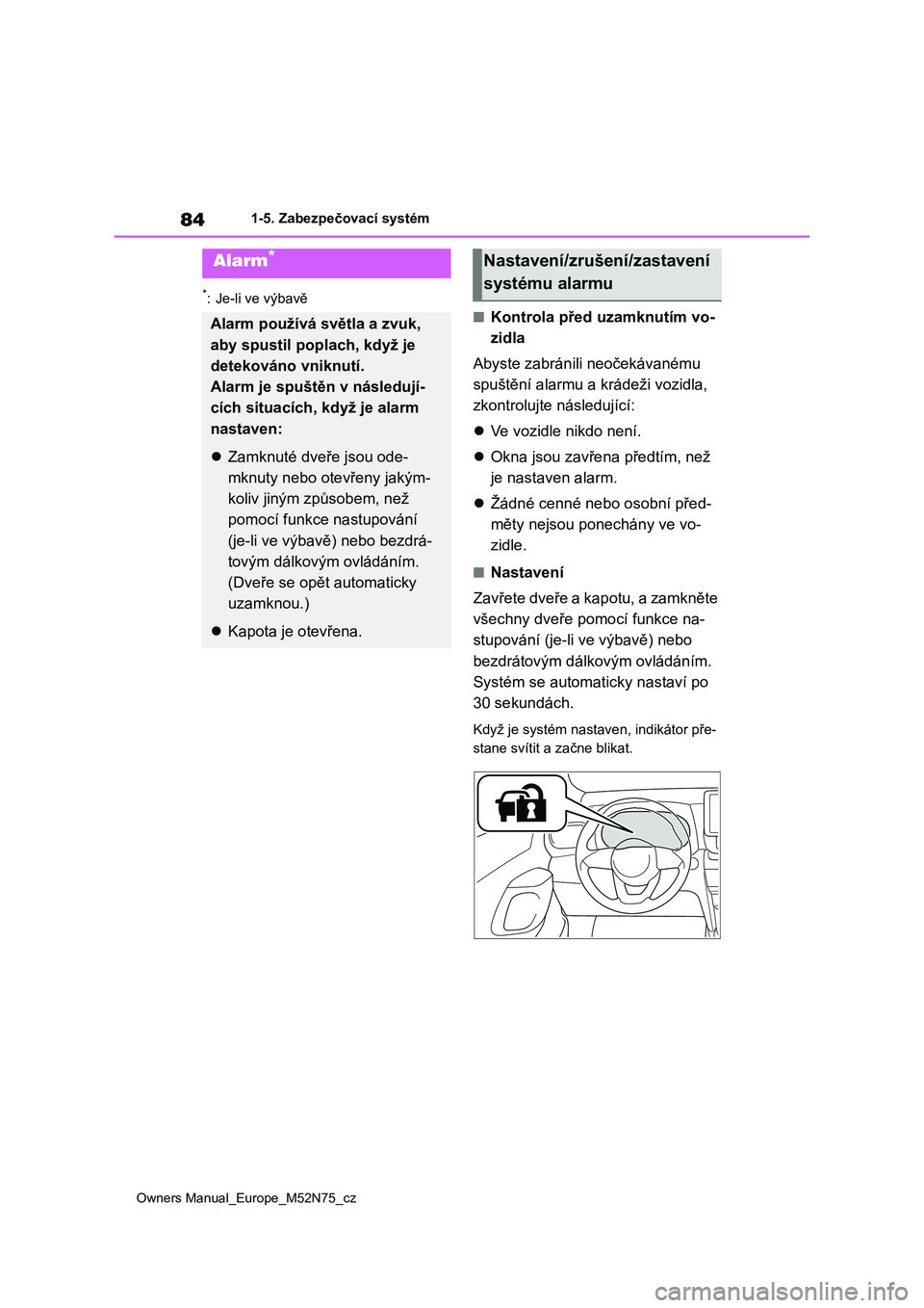 TOYOTA YARIS CROSS 2023 Návod na použití (in Czech) 84
Owners Manual_Europe_M52N75_cz
1-5. Zabezpečovací systém
*: Je-li ve výbavě
■Kontrola před uzamknutím vo-
zidla
Abyste zabránili neočekávanému
spuštění alarmu a k rádeži vozi TOYOTA YARIS CROSS 2023 Návod na použití (in Czech) 84
Owners Manual_Europe_M52N75_cz
1-5. Zabezpečovací systém
*: Je-li ve výbavě
■Kontrola před uzamknutím vo-
zidla
Abyste zabránili neočekávanému
spuštění alarmu a k rádeži vozi