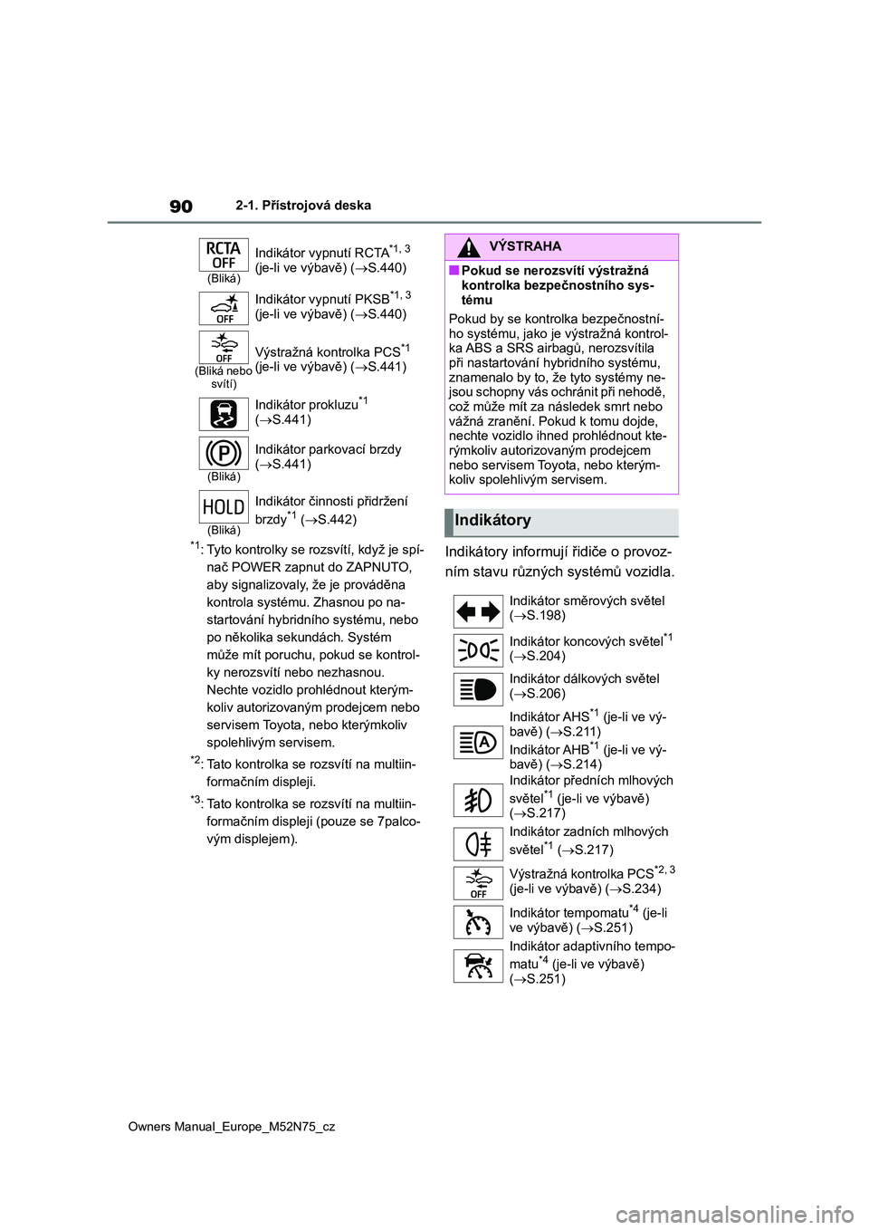 TOYOTA YARIS CROSS 2023 Návod na použití (in Czech) 90
Owners Manual_Europe_M52N75_cz
2-1. Přístrojová deska
*1: Tyto kontrolky se rozsvítí, když je spí-
nač POWER zapnut do ZAPNUTO,
aby signalizovaly, že je prováděna
kontrola systému. TOYOTA YARIS CROSS 2023 Návod na použití (in Czech) 90
Owners Manual_Europe_M52N75_cz
2-1. Přístrojová deska
*1: Tyto kontrolky se rozsvítí, když je spí-
nač POWER zapnut do ZAPNUTO,
aby signalizovaly, že je prováděna
kontrola systému.
